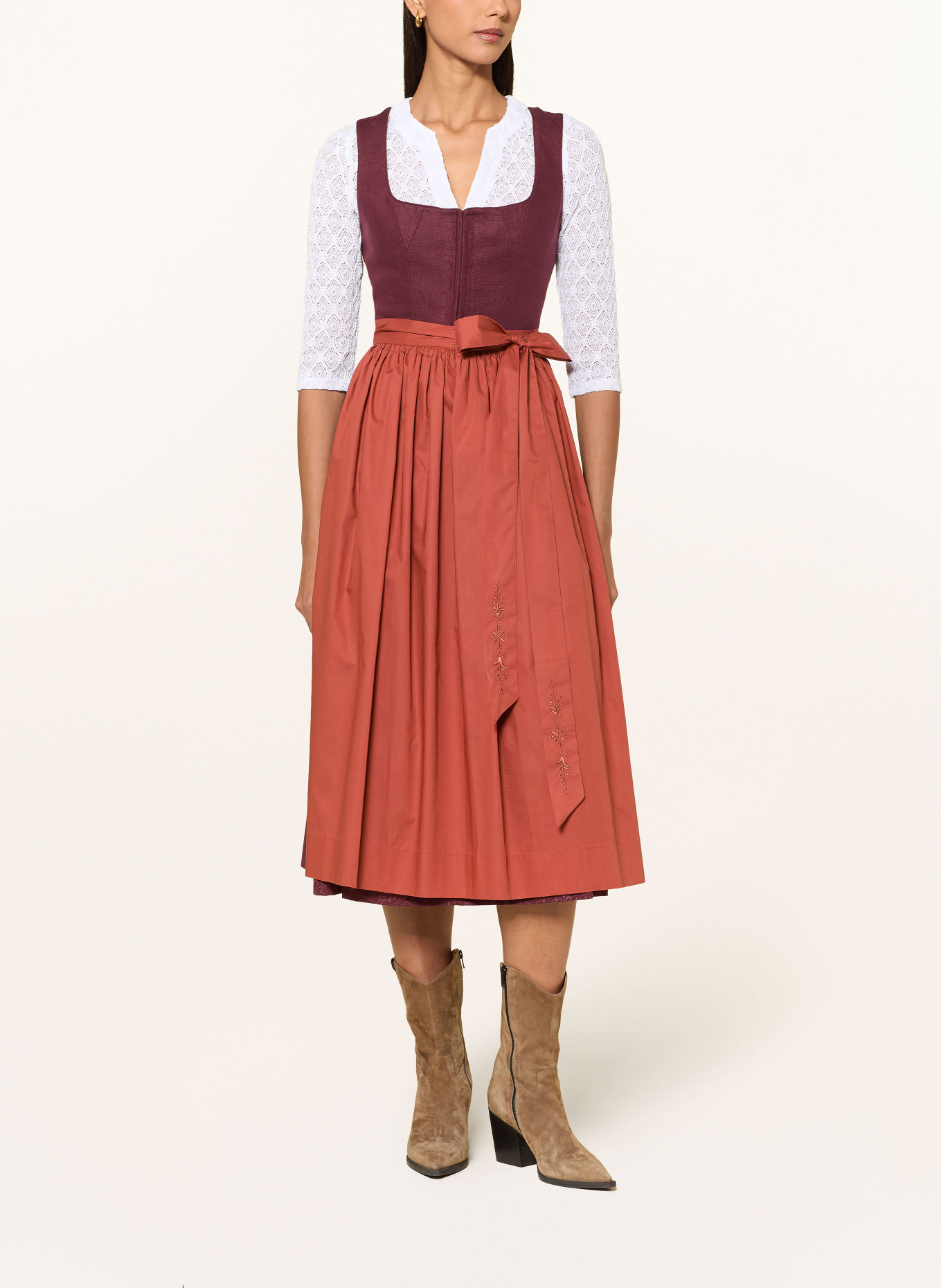 WALDORFF Dirndl LISA van linnen: DONKERROOD / COGNAC / LICHTROOD