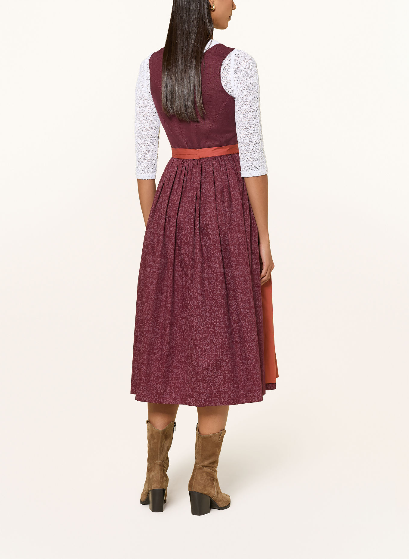 WALDORFF Dirndl LISA van linnen: DONKERROOD / COGNAC / LICHTROOD