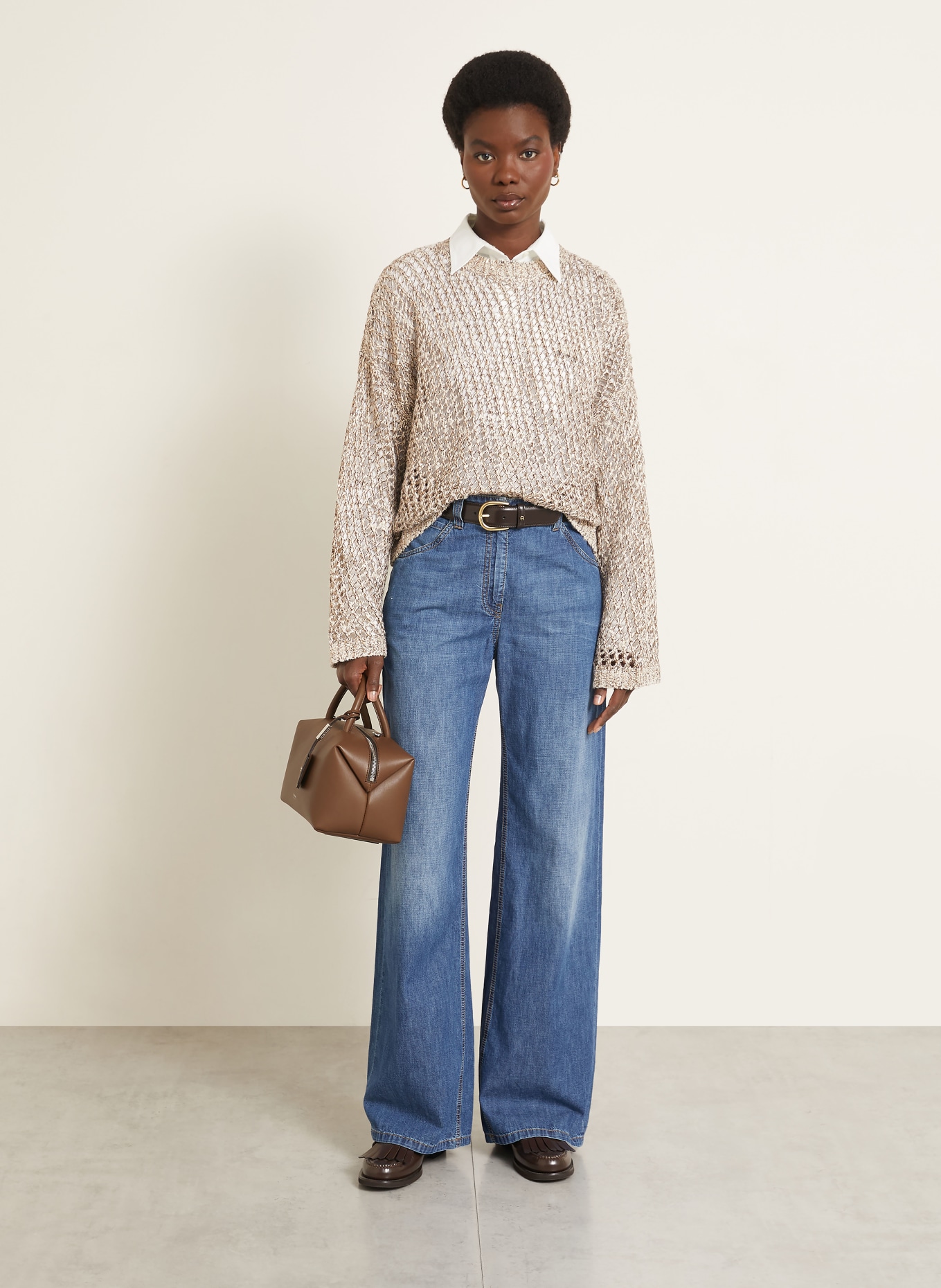 BRUNELLO CUCINELLI Sweater made of linen and silk: LIGHT BROWN / GOLD / DARK BROWN
