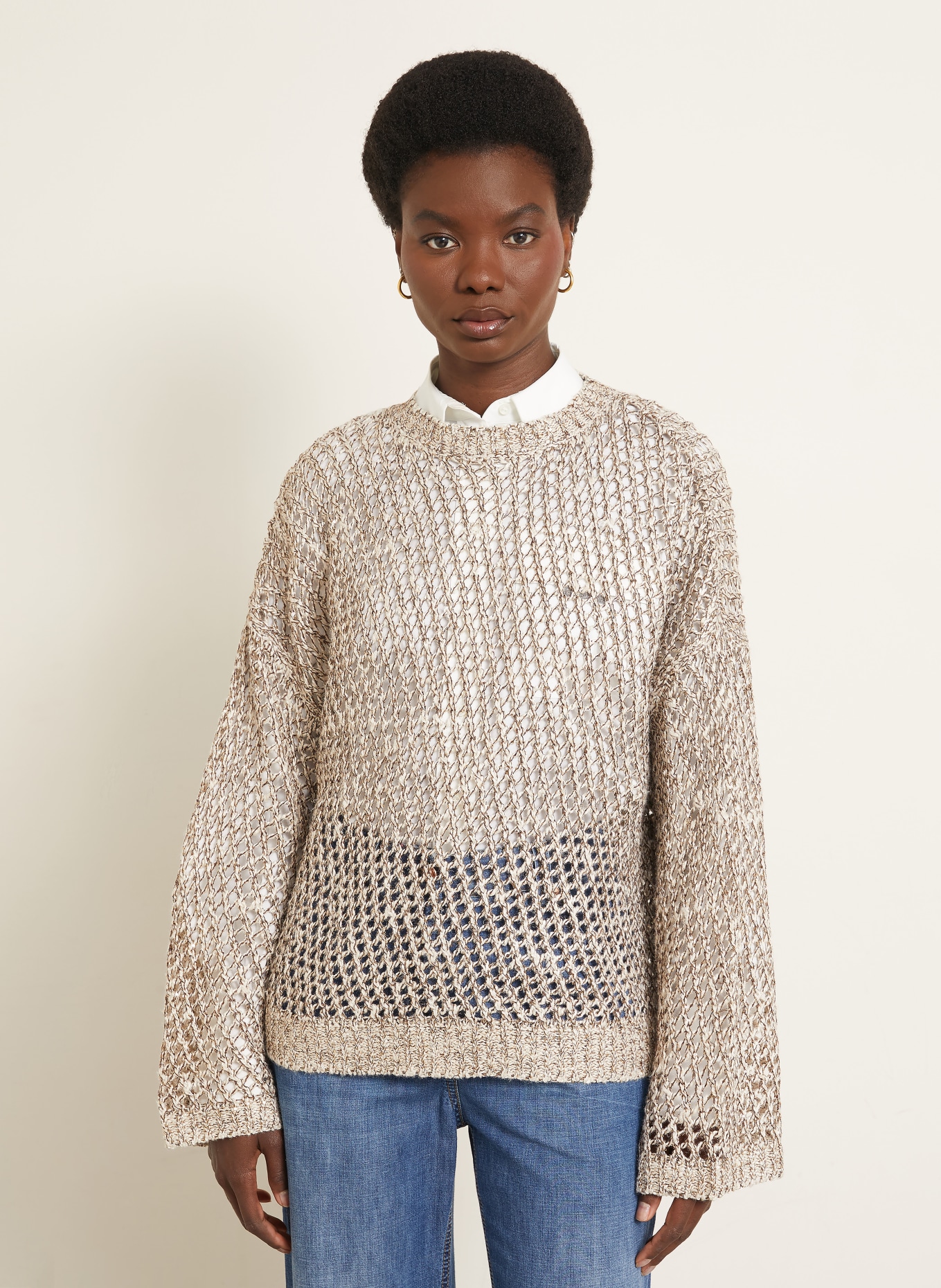 BRUNELLO CUCINELLI Sweater made of linen and silk: LIGHT BROWN / GOLD / DARK BROWN