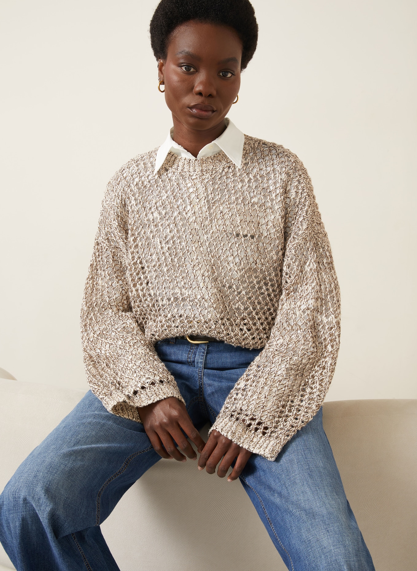 BRUNELLO CUCINELLI Sweater made of linen and silk: LIGHT BROWN / GOLD / DARK BROWN