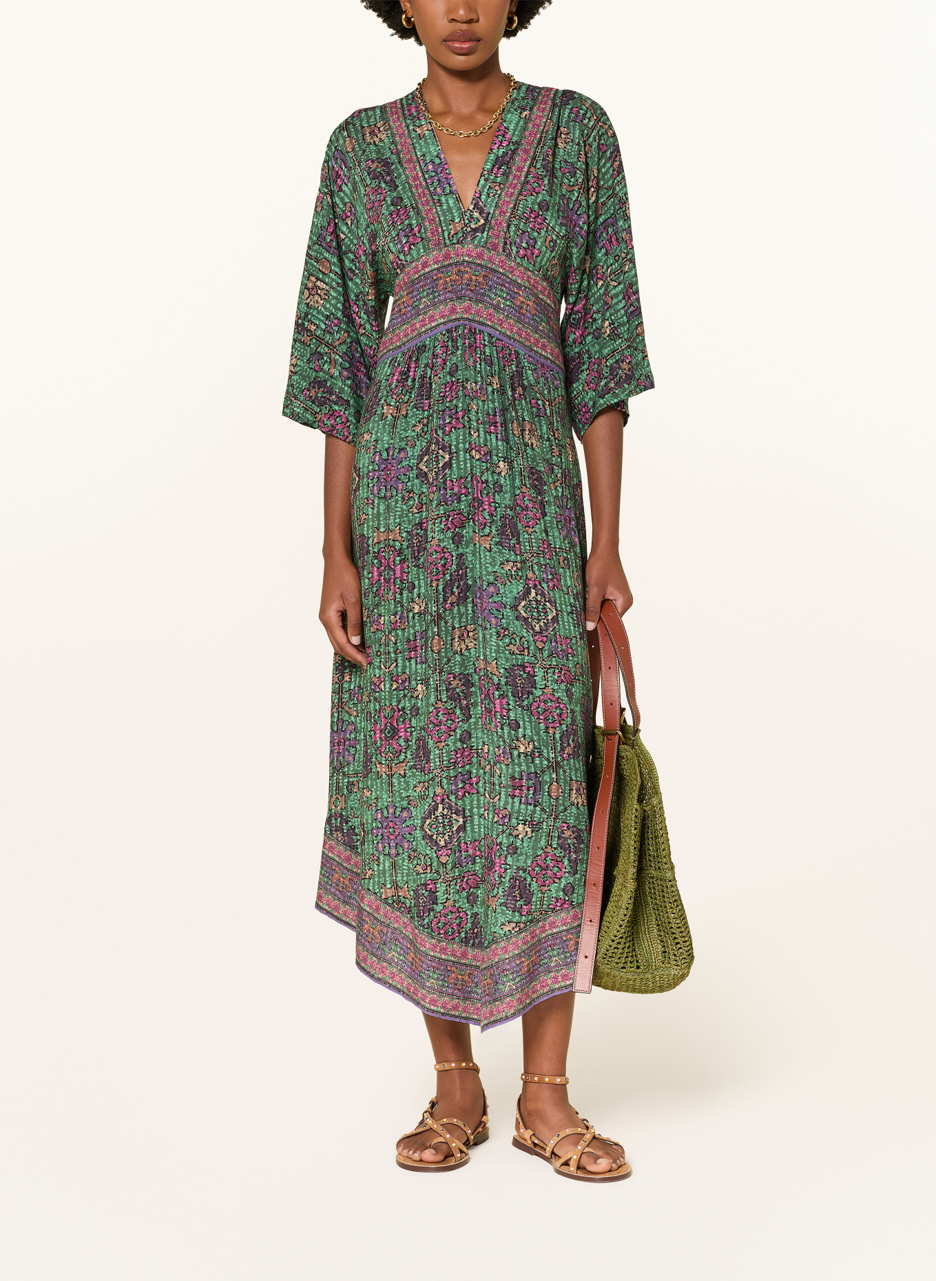 ba&sh Kleid PIPA mit 3/4-Arm: GRÜN / HELLBRAUN / LILA