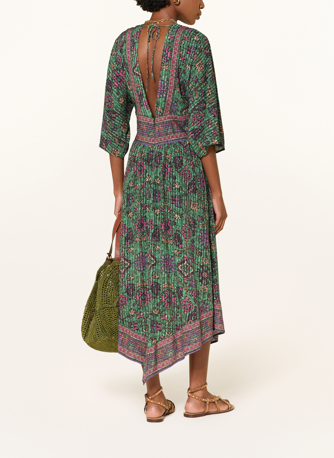ba&sh Kleid PIPA mit 3/4-Arm: GRÜN / HELLBRAUN / LILA