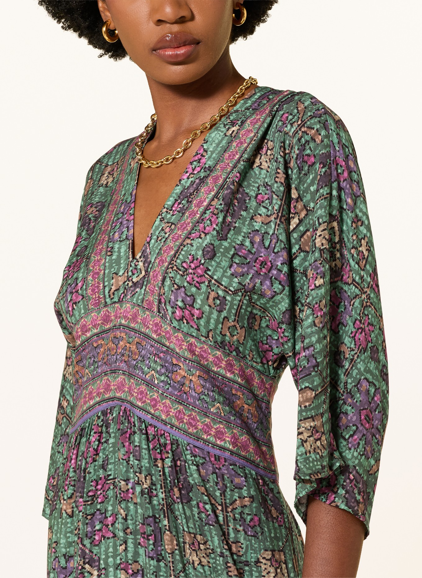 ba&sh Kleid PIPA mit 3/4-Arm: GRÜN / HELLBRAUN / LILA
