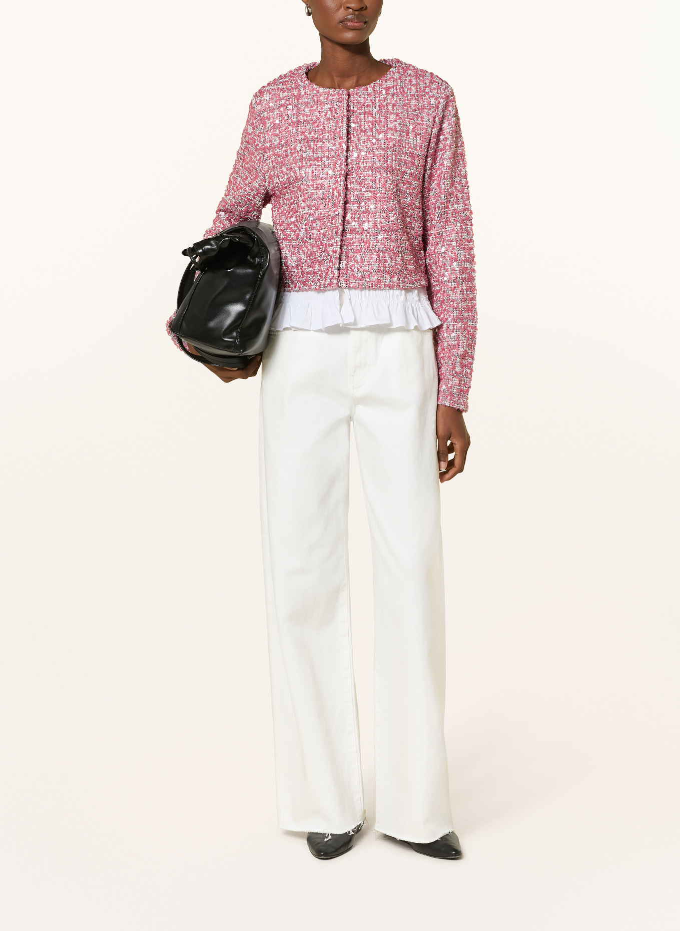 Rich & Royal Tweed blazer with sequins and ruffles: LIGHT RED / DARK RED / WHITE