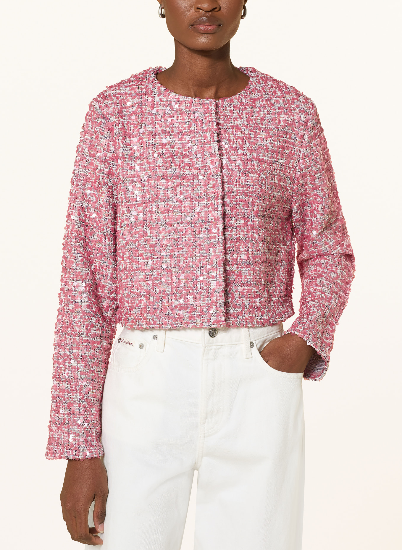 Rich & Royal Tweed blazer with sequins and ruffles: LIGHT RED / DARK RED / WHITE