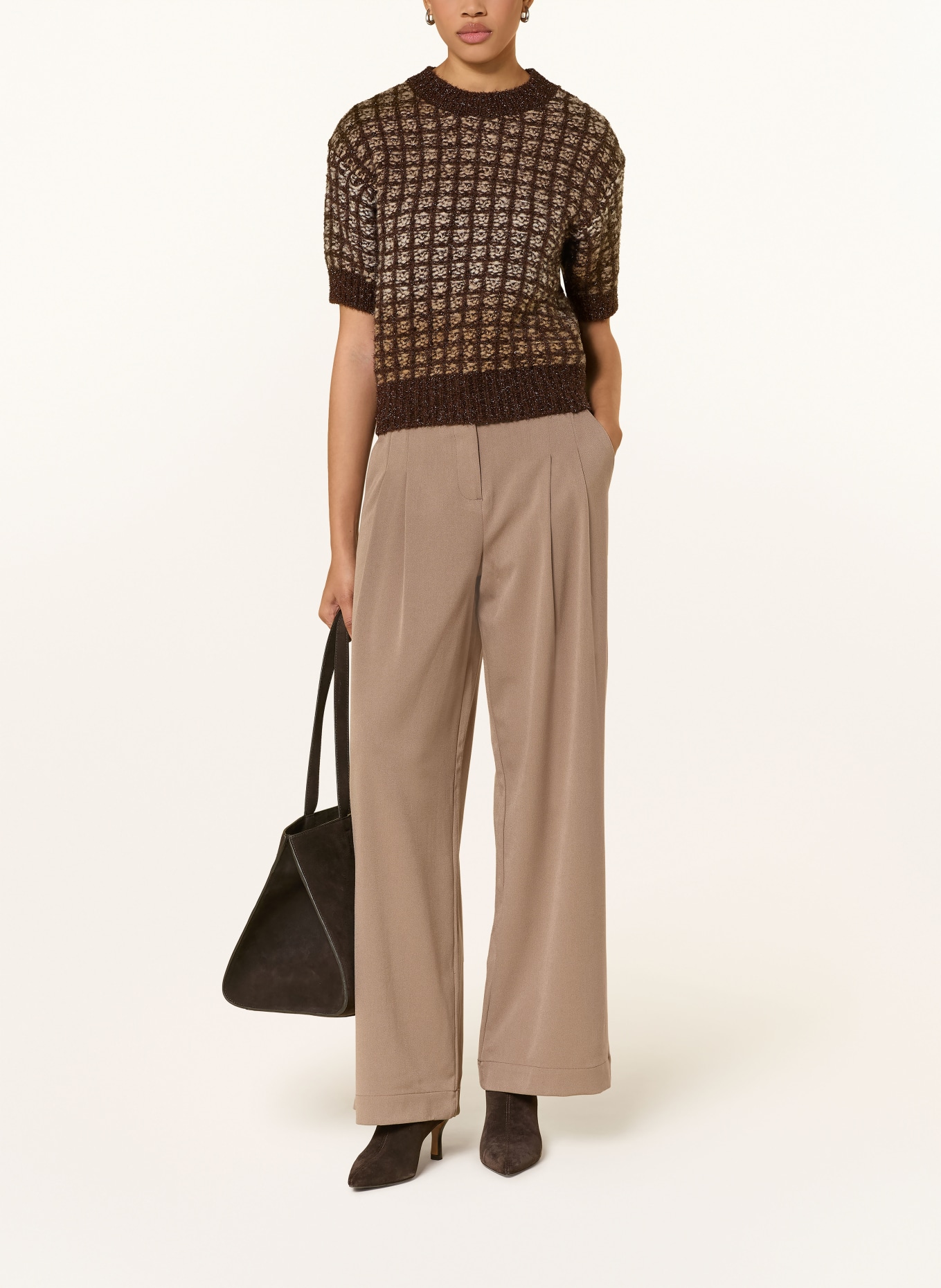 Rich & Royal Gebreid shirt met glittergaren: MARRON FONCÉ / CAMEL / ECRU