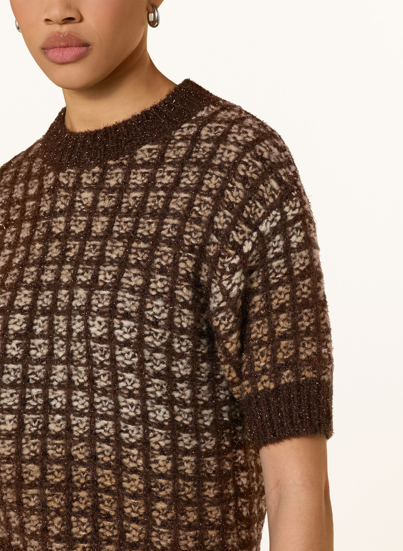 Rich & Royal Gebreid shirt met glittergaren: MARRON FONCÉ / CAMEL / ECRU