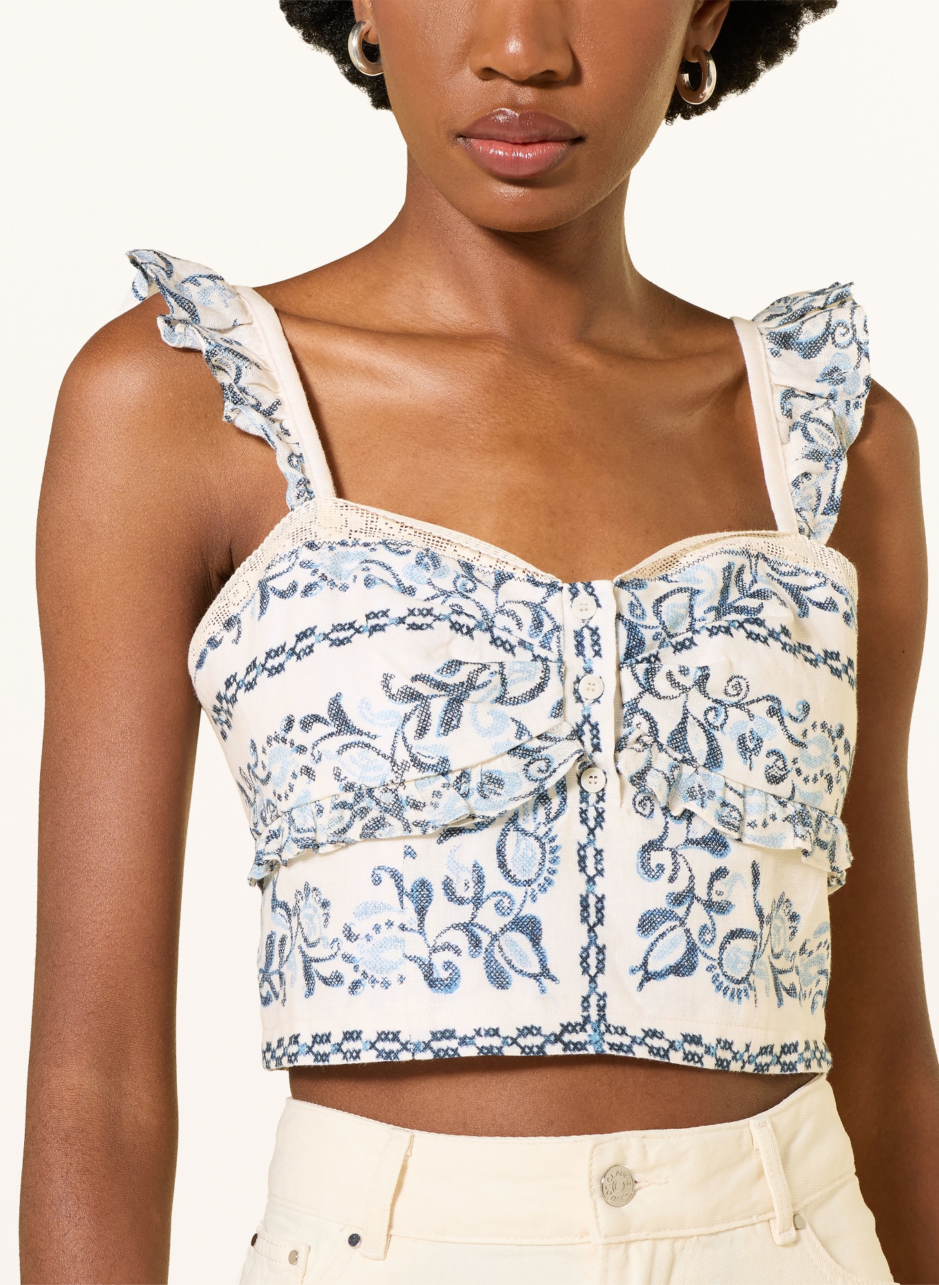 CLAUDIE PIERLOT Lniany top z falbankami: BIAŁY / JASNONIEBIESKI / GRANATOWY