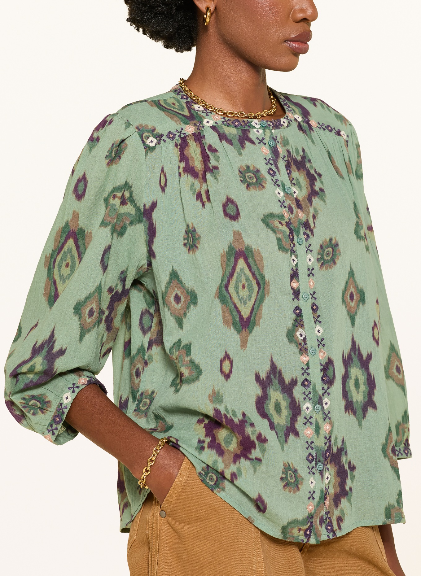ba&sh Bluse ODELIE mit 3/4-Arm: GRÜN / BRAUN / DUNKELLILA