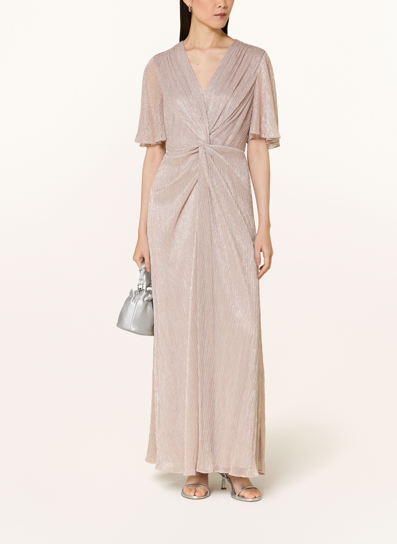 Phase Eight DORINDA pleated dress with glitter thread and flounces: DUSKY PINK / SILVER