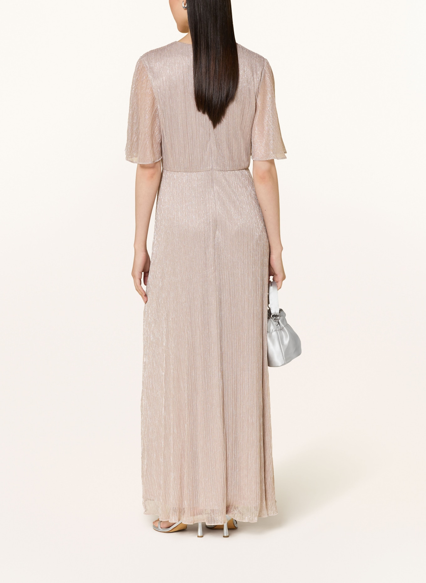 Phase Eight DORINDA pleated dress with glitter thread and flounces: DUSKY PINK / SILVER