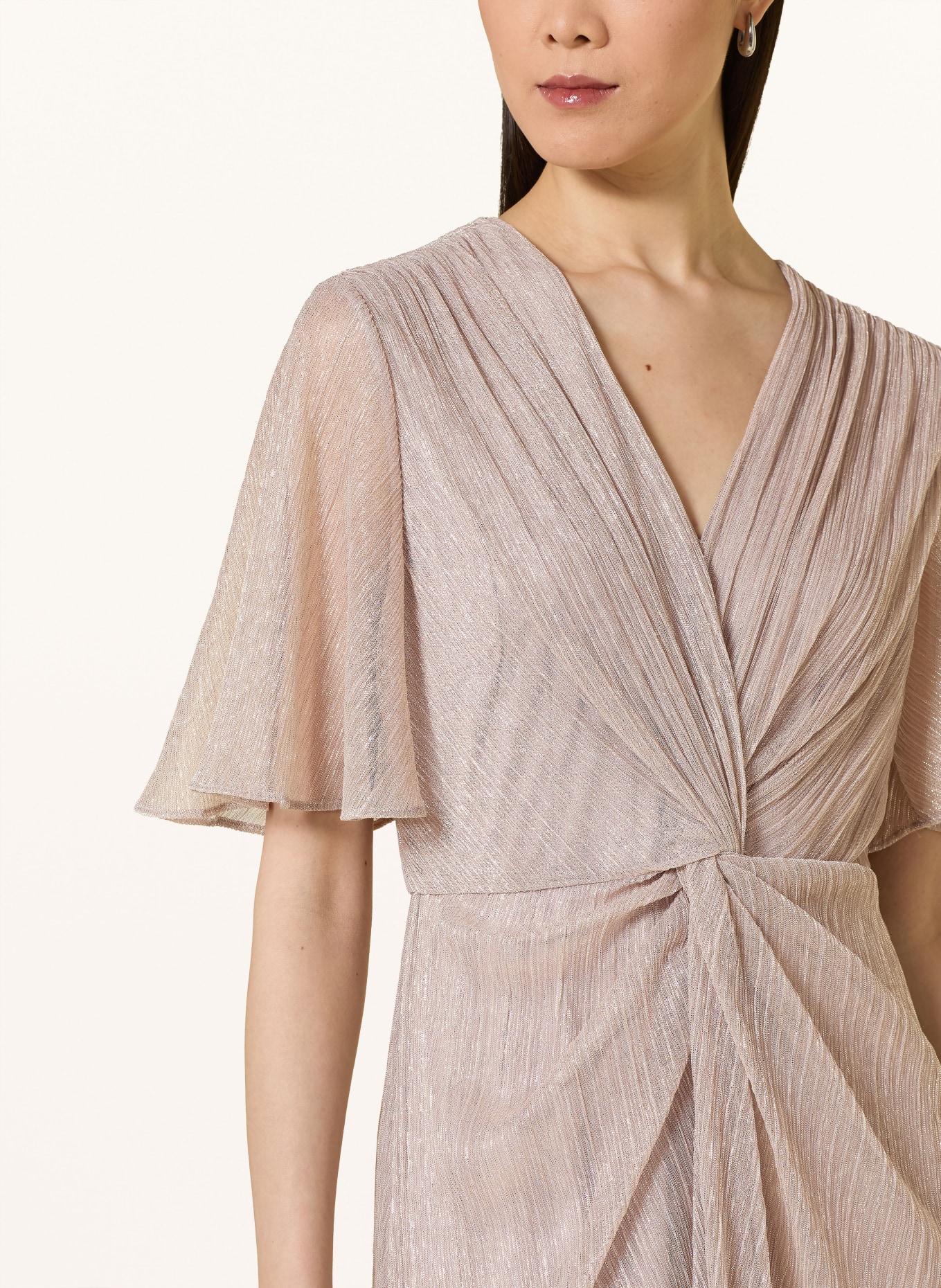 Phase Eight DORINDA pleated dress with glitter thread and flounces: DUSKY PINK / SILVER