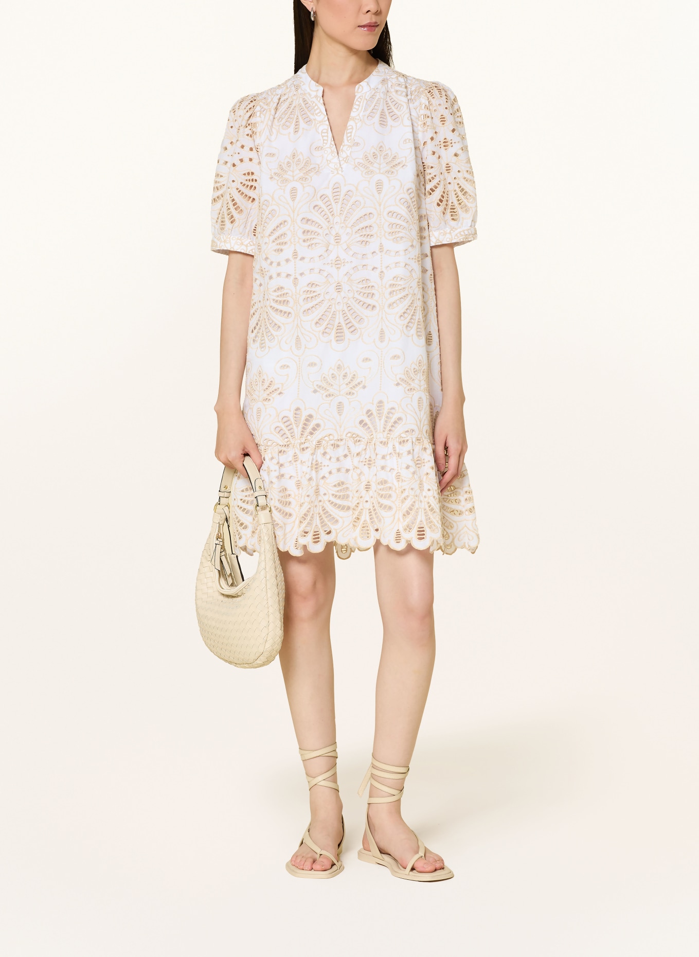 Phase Eight LILIANA dress made of eyelet lace with ruffles: BEIGE / WHITE