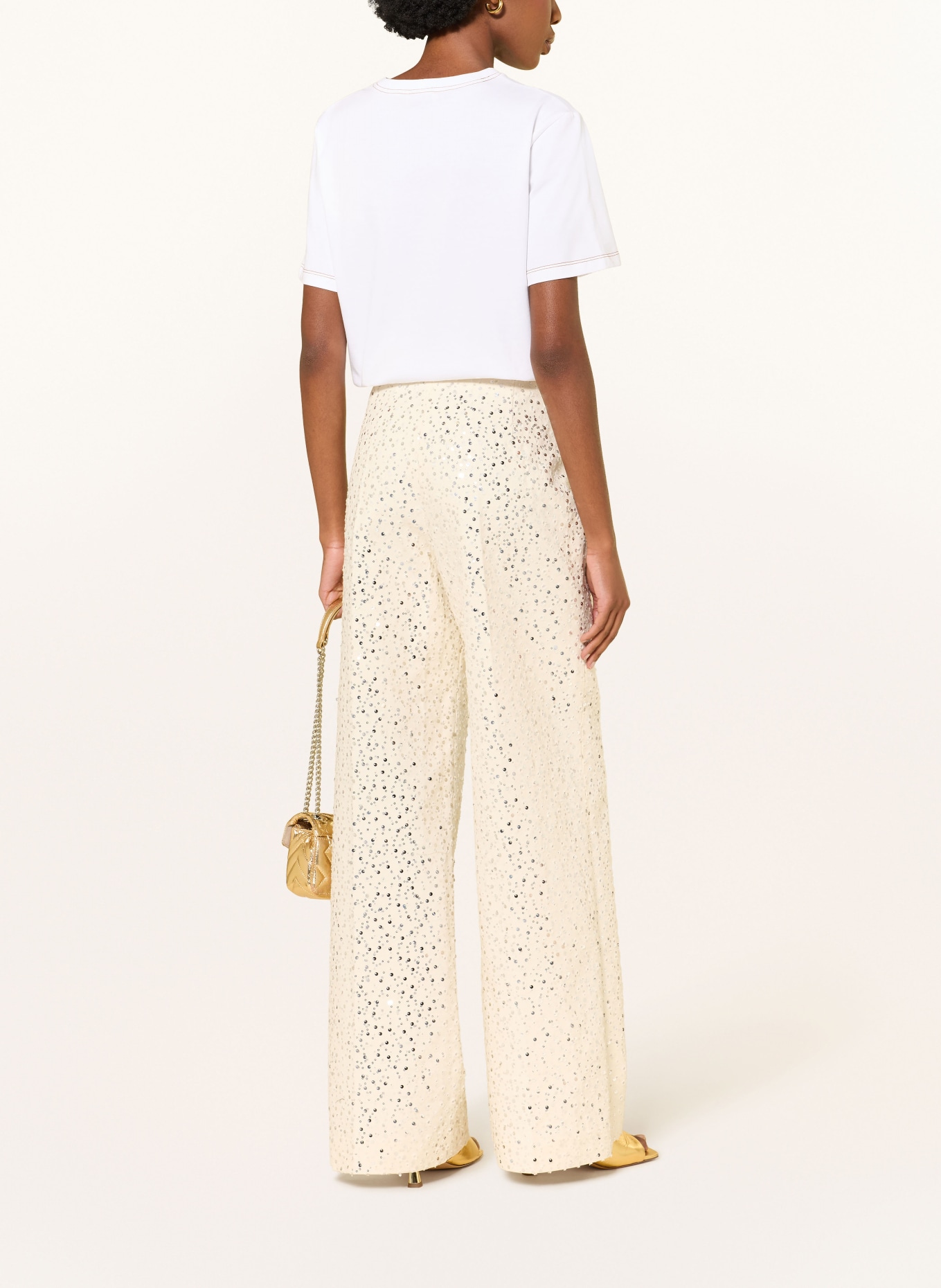 SANDRO Marlenehose mit Pailletten: CREME / SILBER