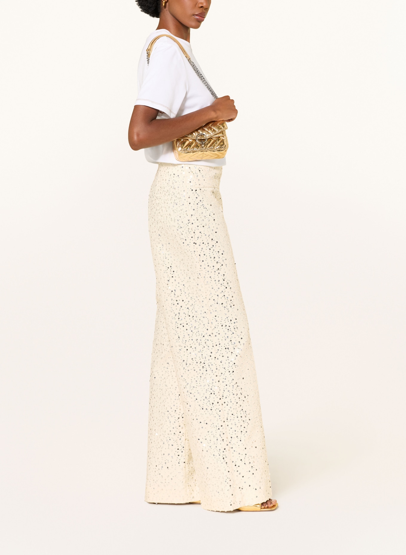 SANDRO Marlenehose mit Pailletten: CREME / SILBER