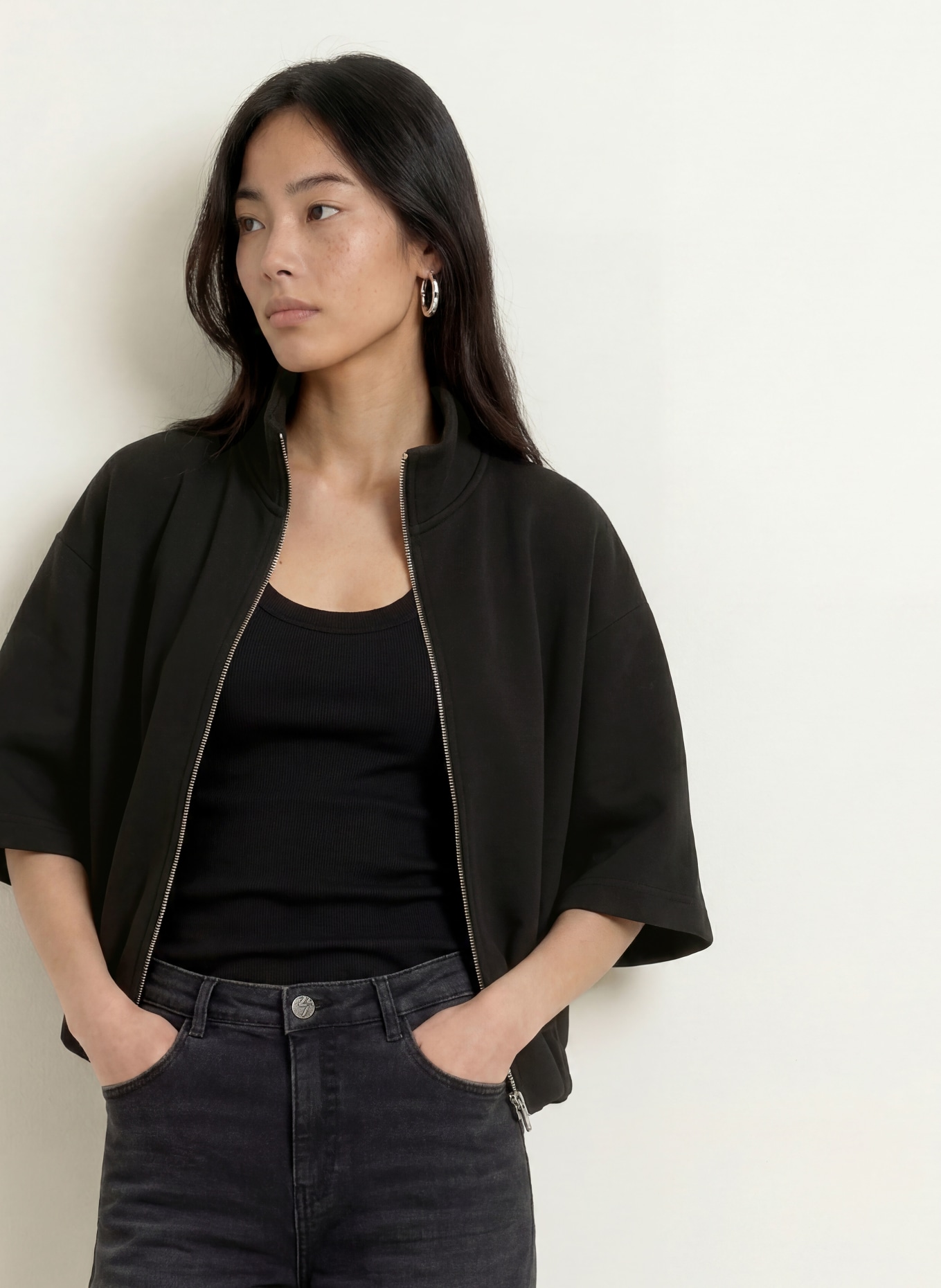 OPUS GALTOS Sweatshirt Jacket with 3/4 Sleeves: BLACK