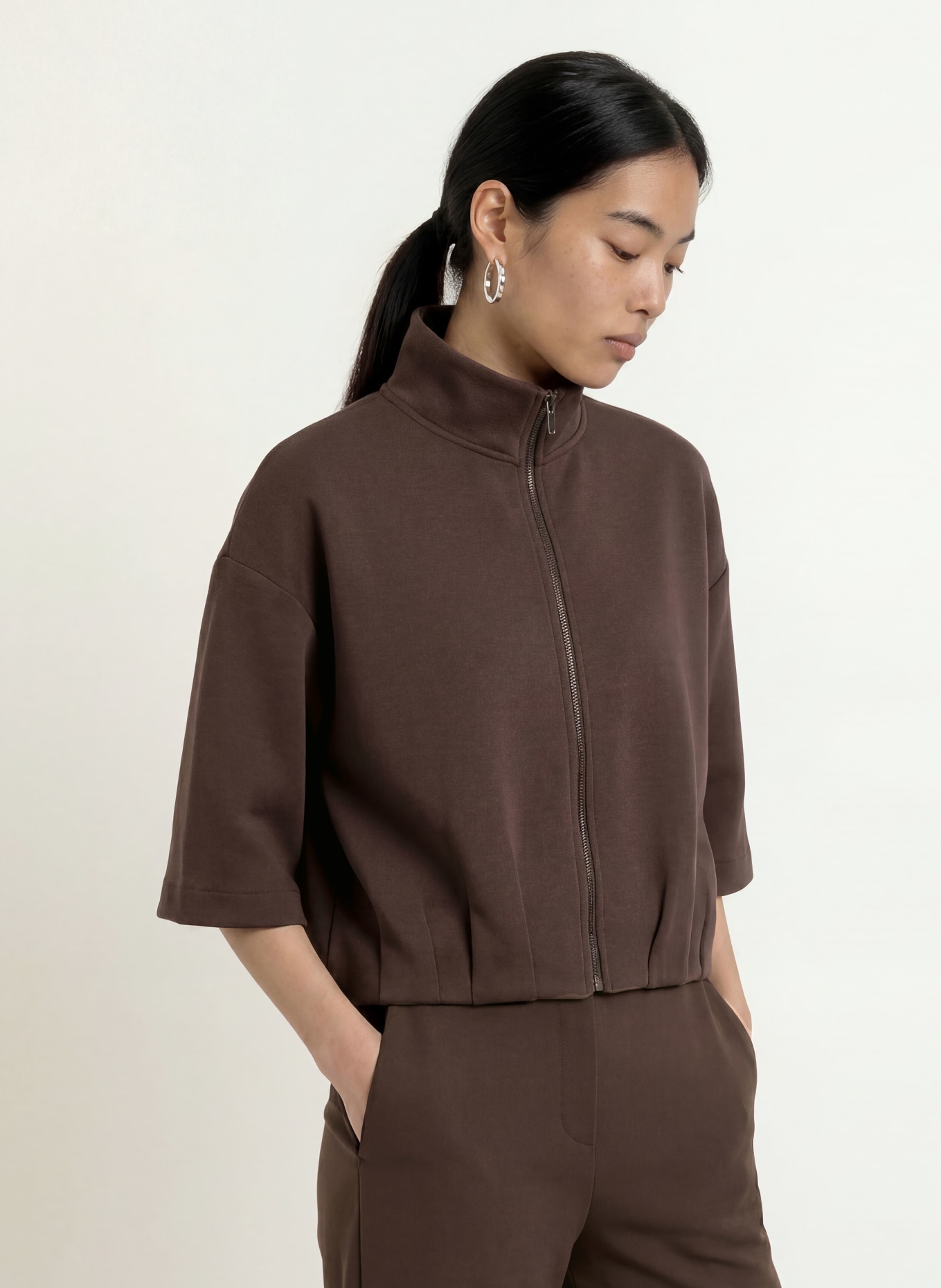 OPUS GALTOS Sweatshirt Jacket with 3/4 Sleeves: DARK BROWN