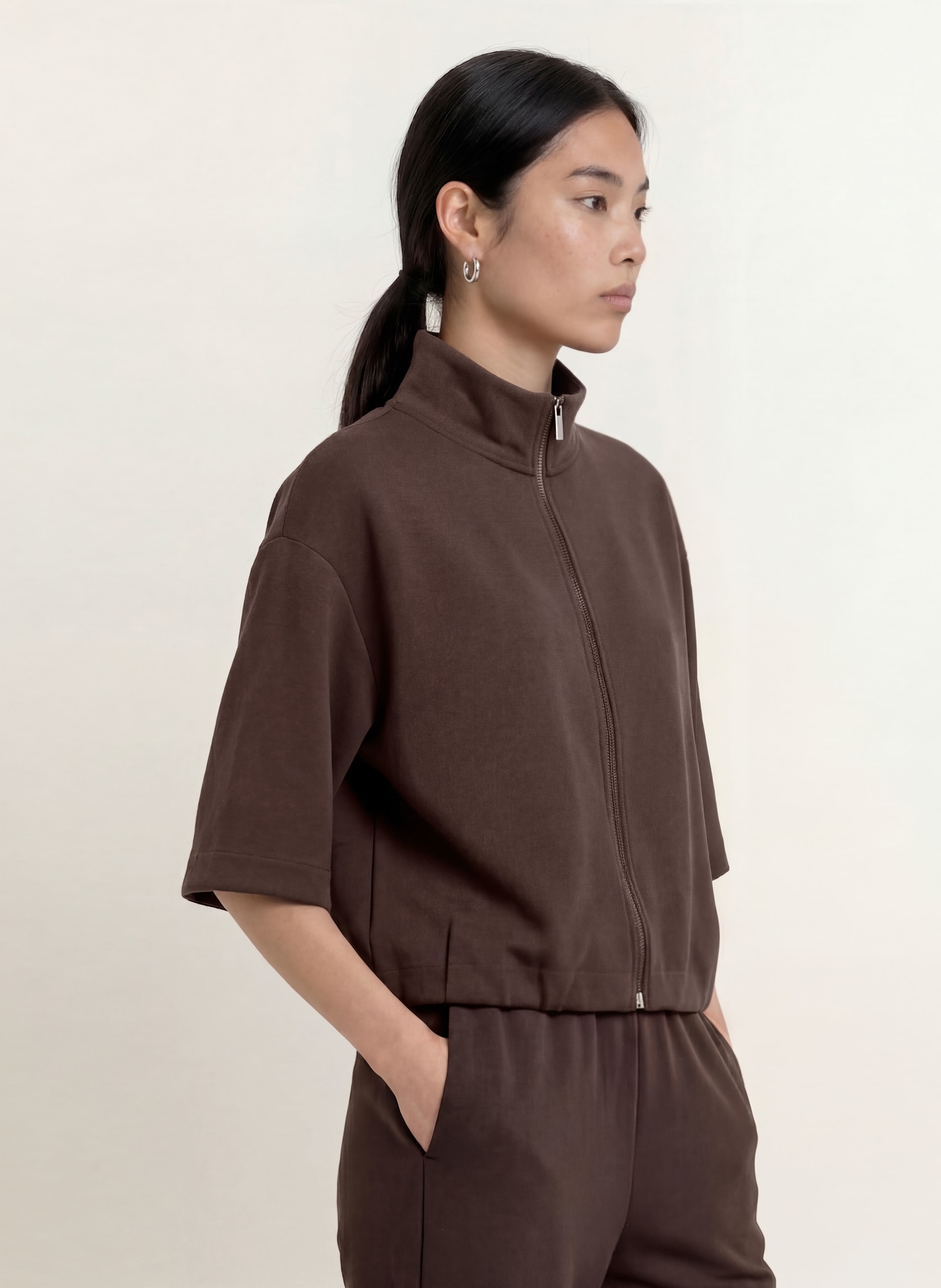 OPUS GALTOS Sweatshirt Jacket with 3/4 Sleeves: DARK BROWN