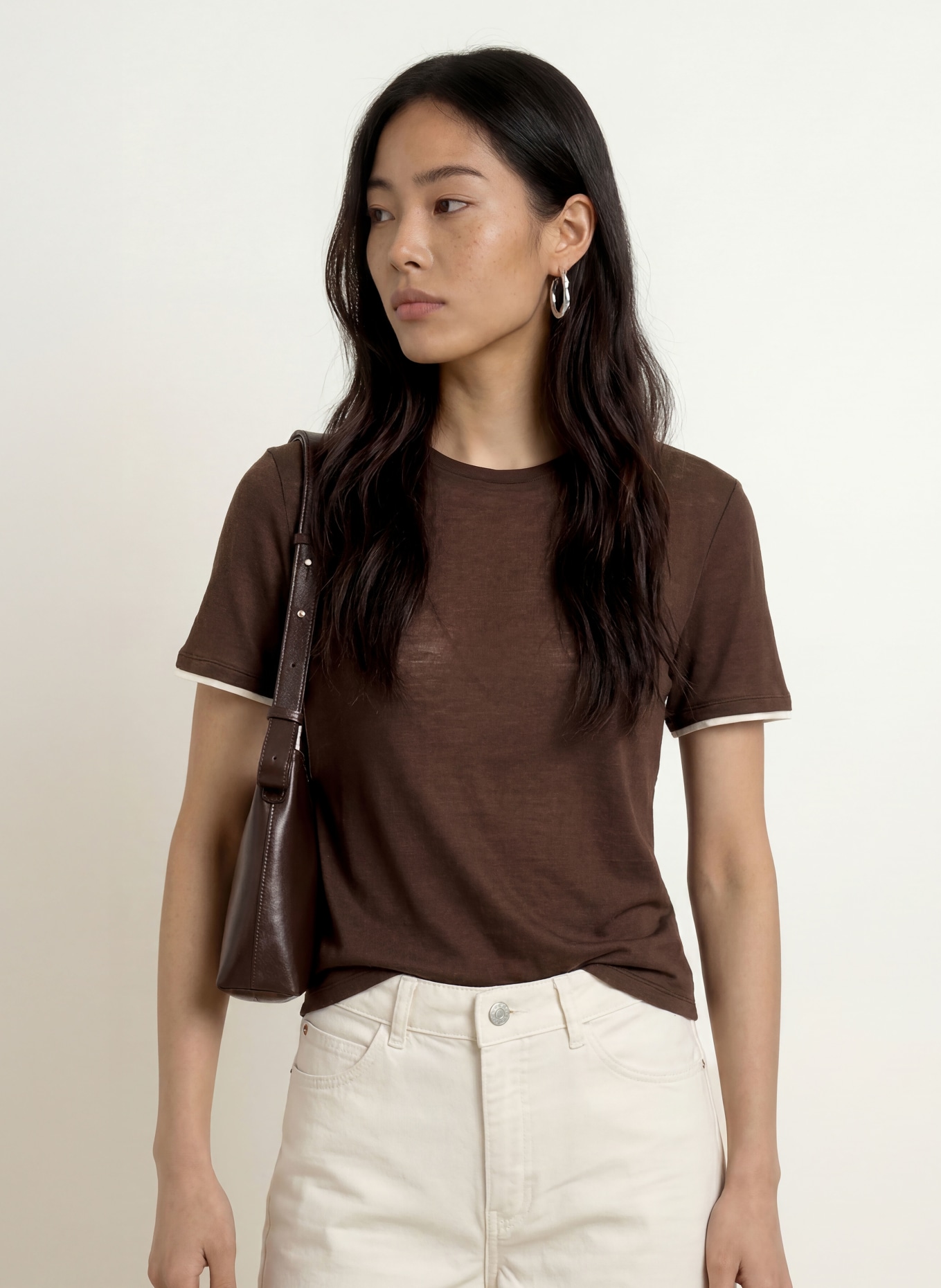 OPUS T-Shirt SOPPEL: DUNKELBRAUN / WEISS