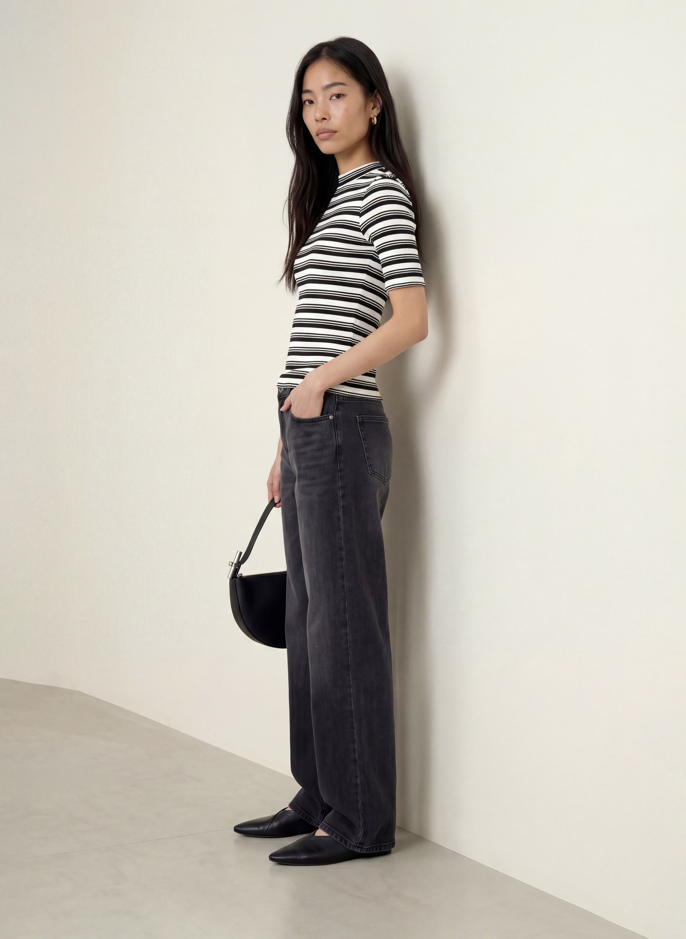 OPUS Gebreid shirt SOKIRA: ZWART / WIT