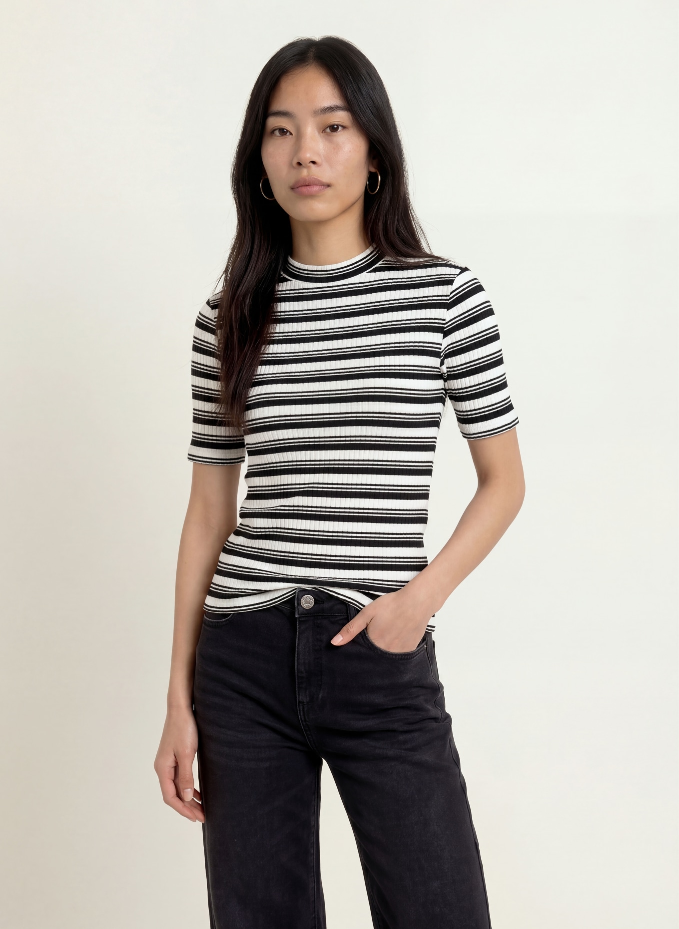 OPUS Gebreid shirt SOKIRA: ZWART / WIT