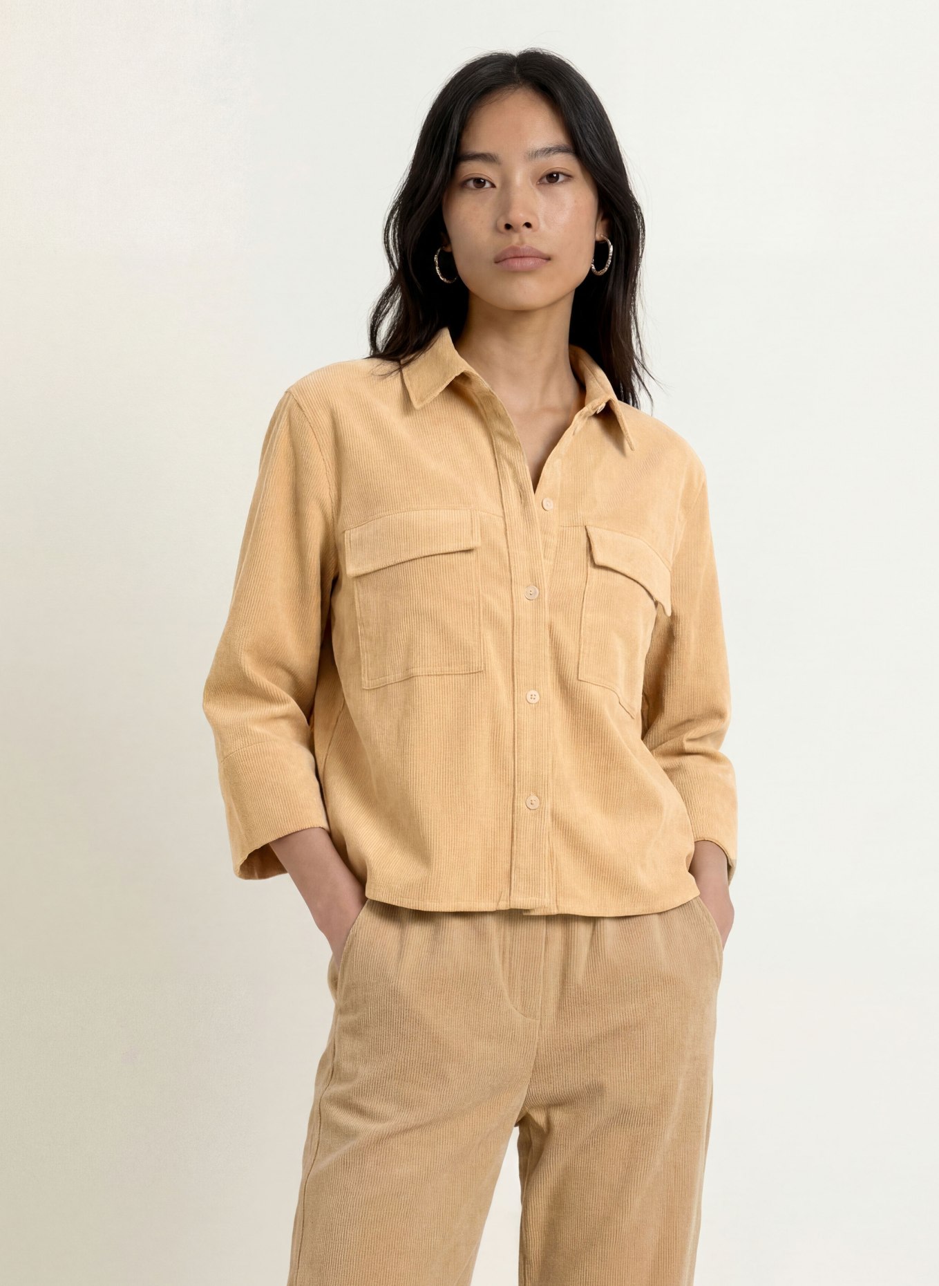 OPUS Hemdbluse FERRELL aus Cord mit 3/4-Arm: CAMEL