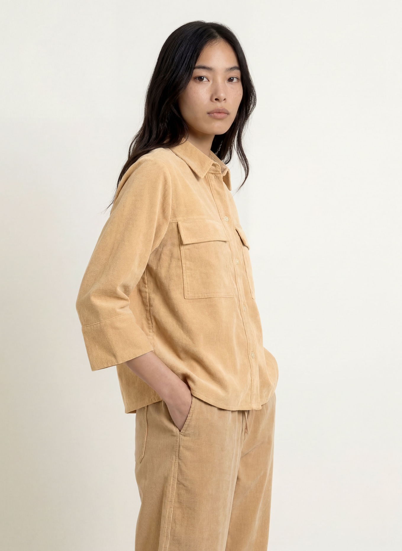 OPUS Hemdbluse FERRELL aus Cord mit 3/4-Arm: CAMEL