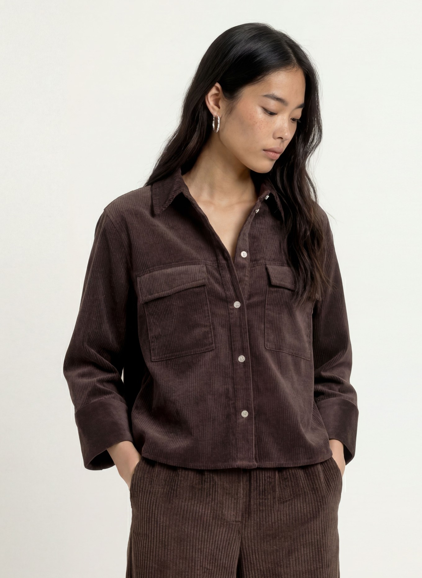OPUS Hemdbluse FERRELL aus Cord mit 3/4-Arm: DUNKELBRAUN