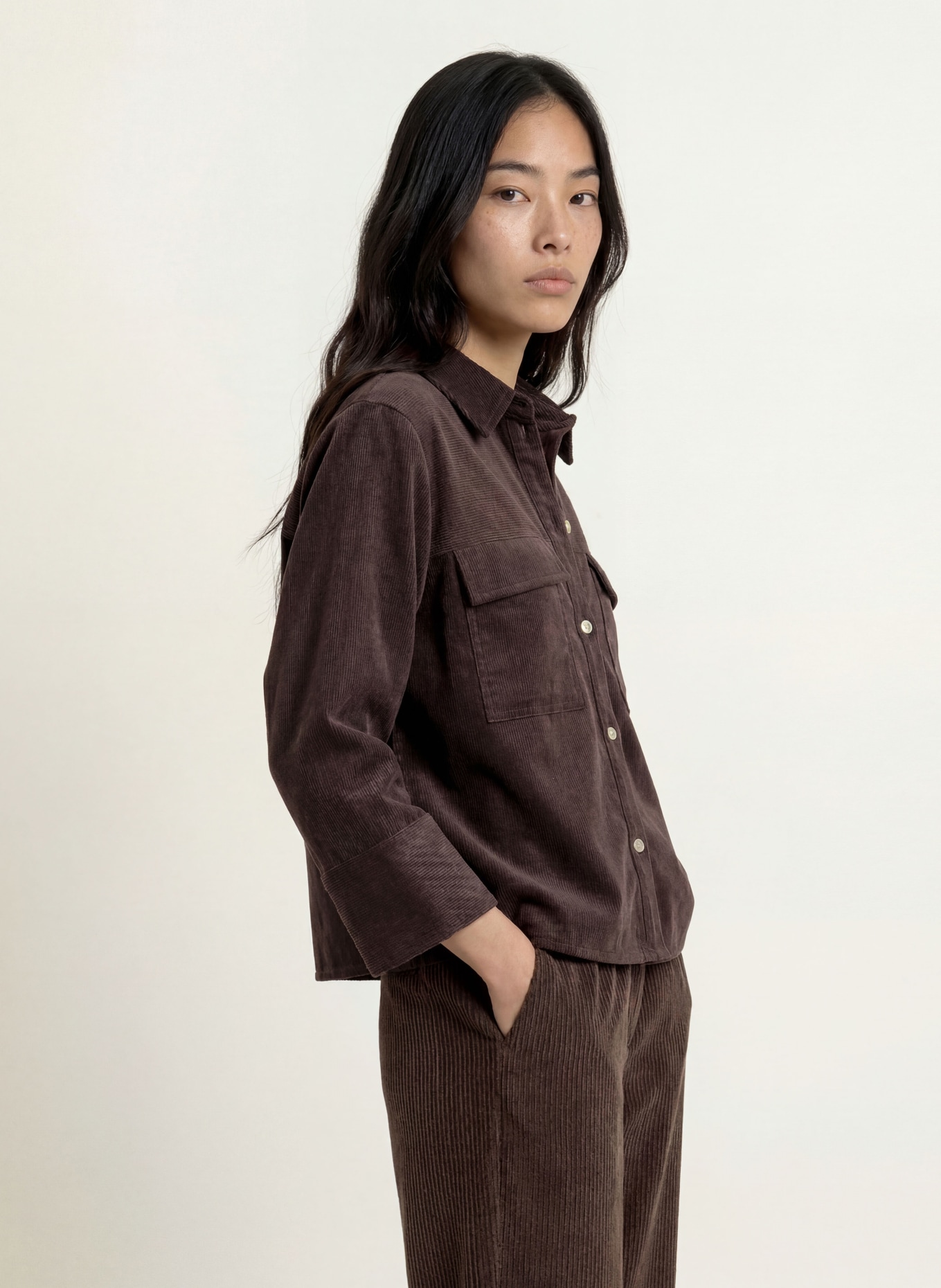 OPUS Hemdbluse FERRELL aus Cord mit 3/4-Arm: DUNKELBRAUN
