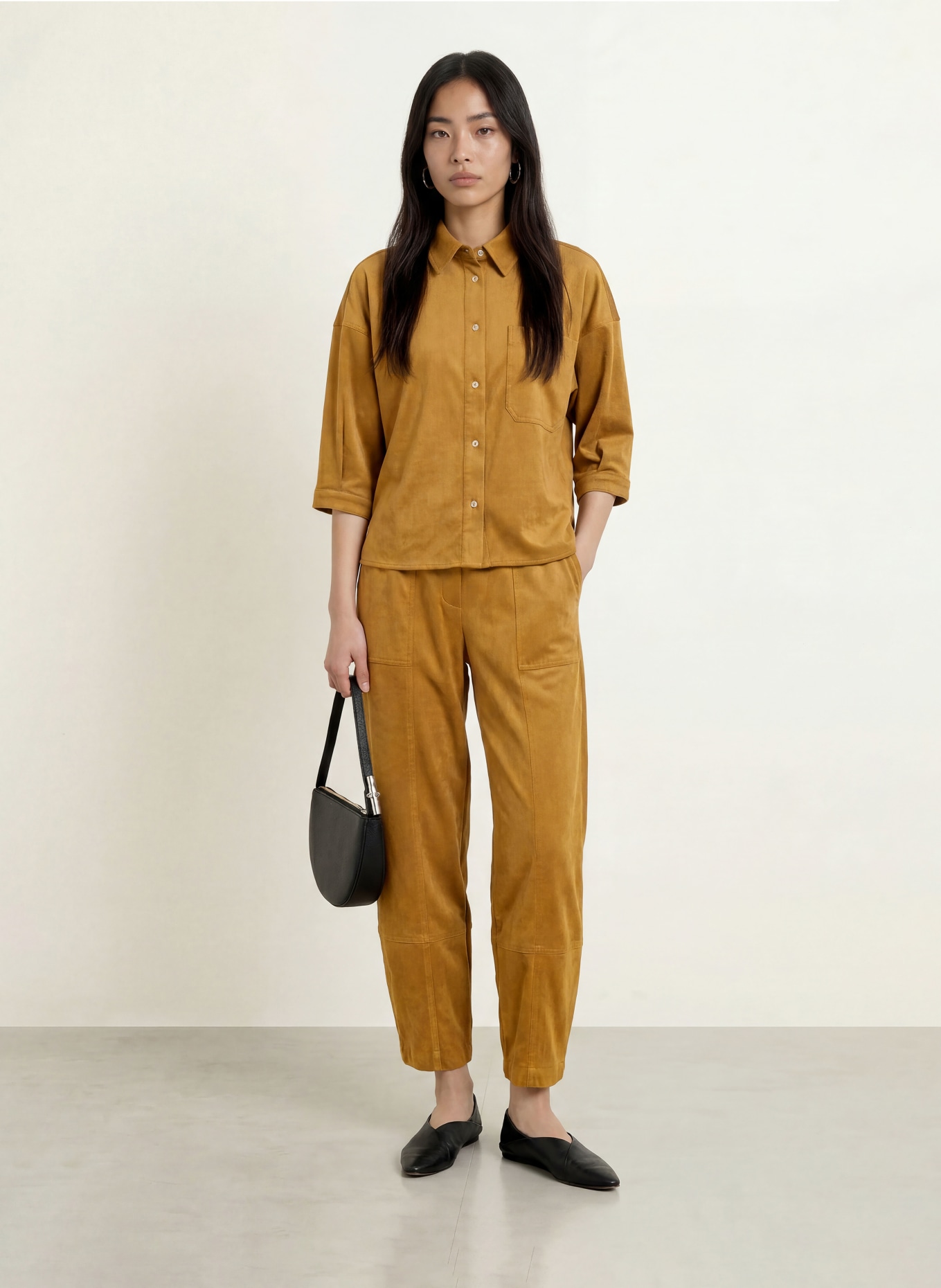 OPUS Blouse-chemise FALOURA à manches 3/4 aspect cuir: CHAMEAU