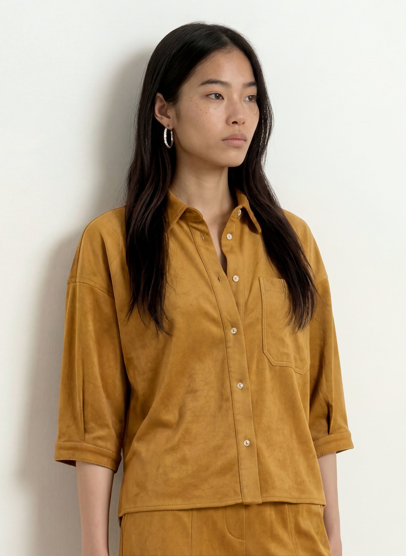 OPUS Blouse-chemise FALOURA à manches 3/4 aspect cuir: CHAMEAU
