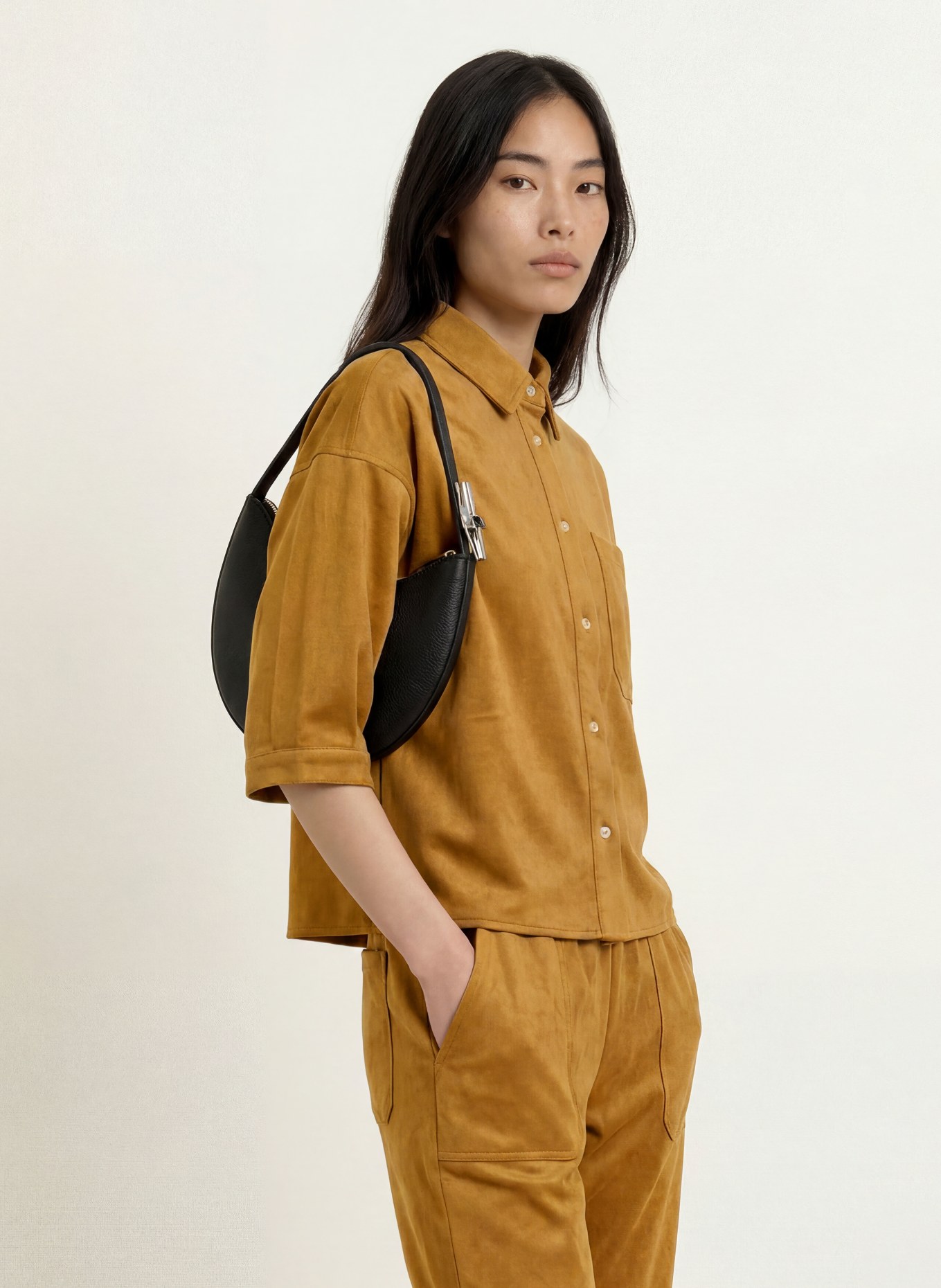OPUS Blouse-chemise FALOURA à manches 3/4 aspect cuir: CHAMEAU