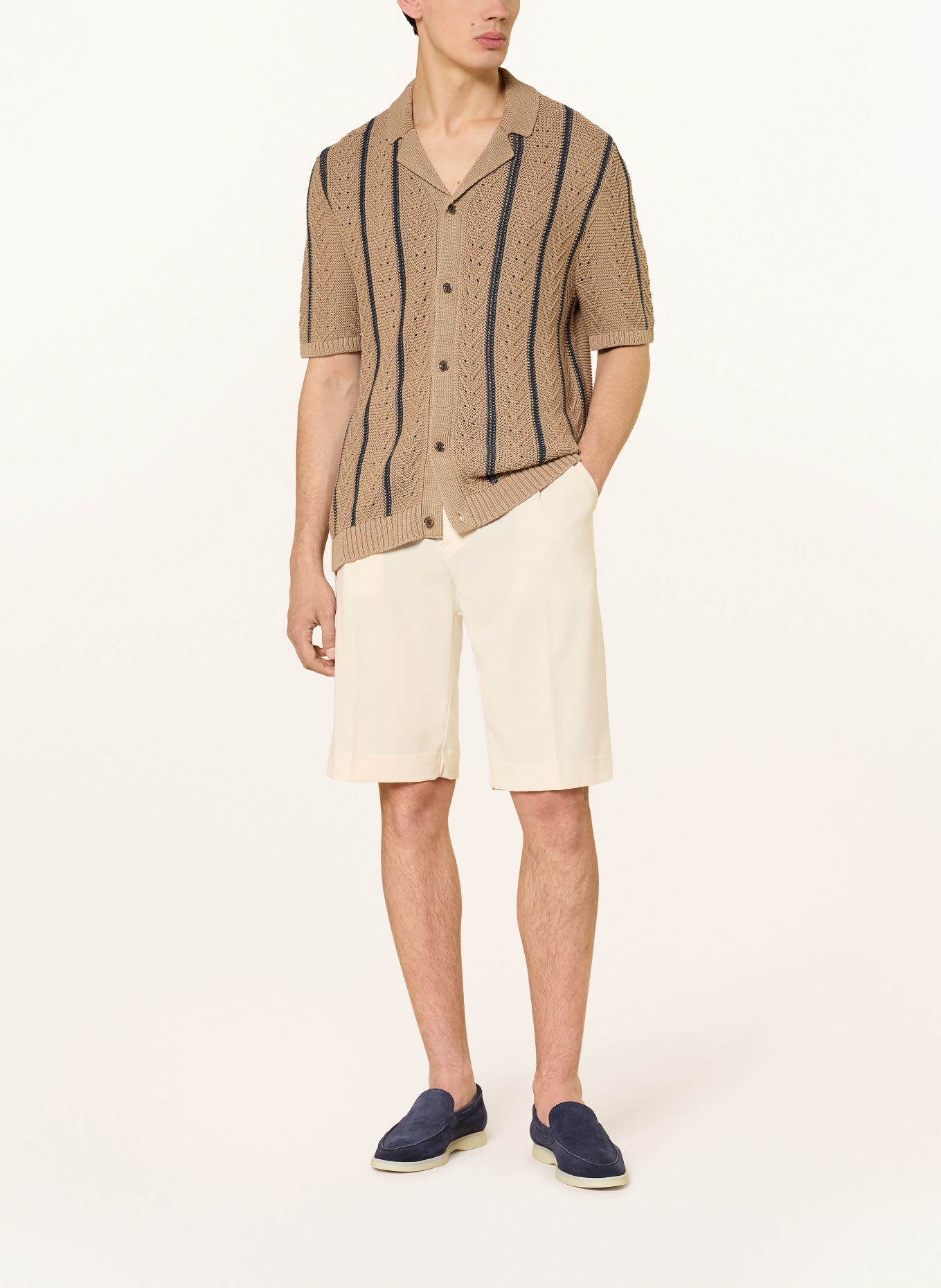 REISS Stickad skjorta ELLINGHAM Slim Fit: BEIGE / MÖRKBLÅ
