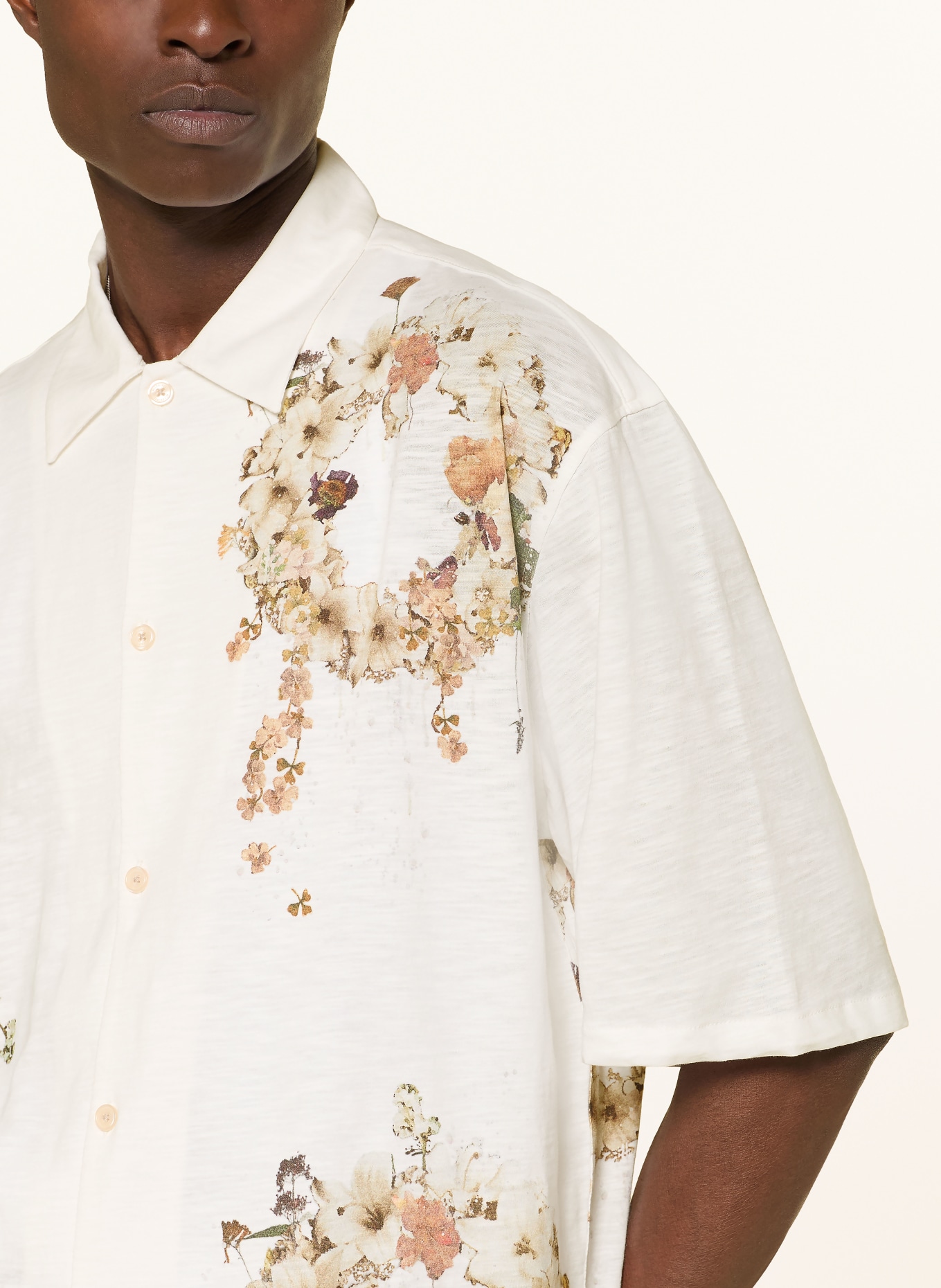 ALLSAINTS Kurzarm-Hemd FLEUR LIS Oversized Fit: WEISS / CREME / DUNKELGRÜN