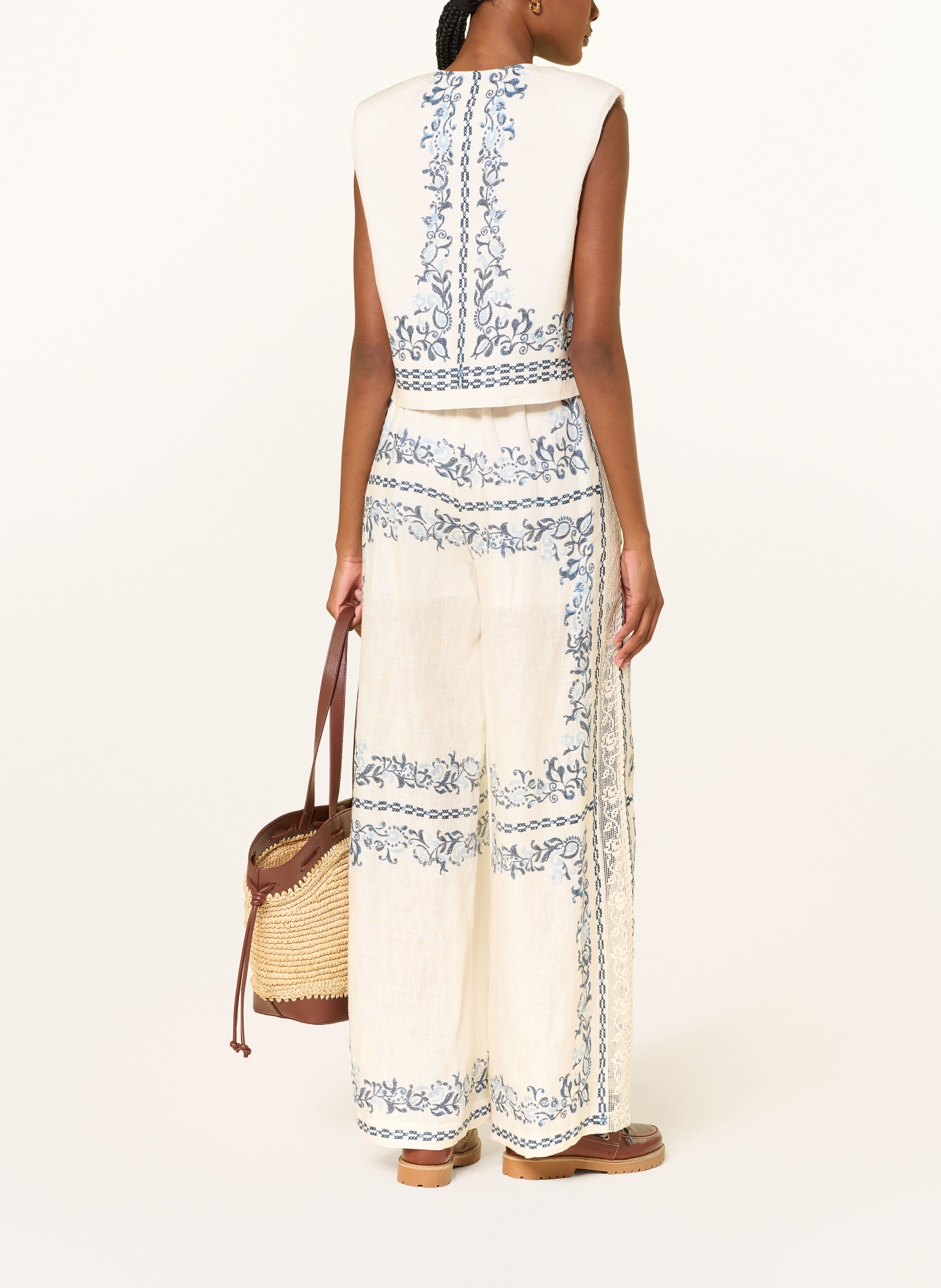 CLAUDIE PIERLOT Marlenehose aus Leinen mit Spitze: ECRU / DUNKELBLAU / BLAU