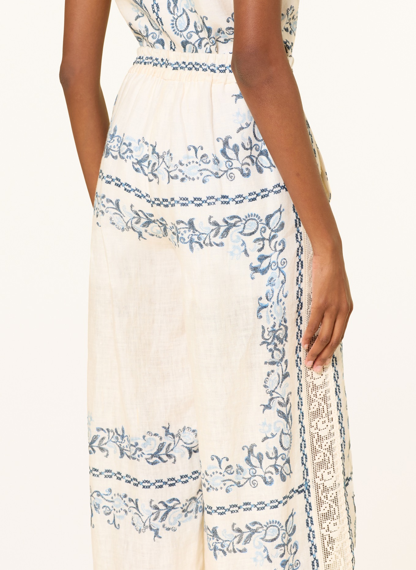 CLAUDIE PIERLOT Marlenehose aus Leinen mit Spitze: ECRU / DUNKELBLAU / BLAU