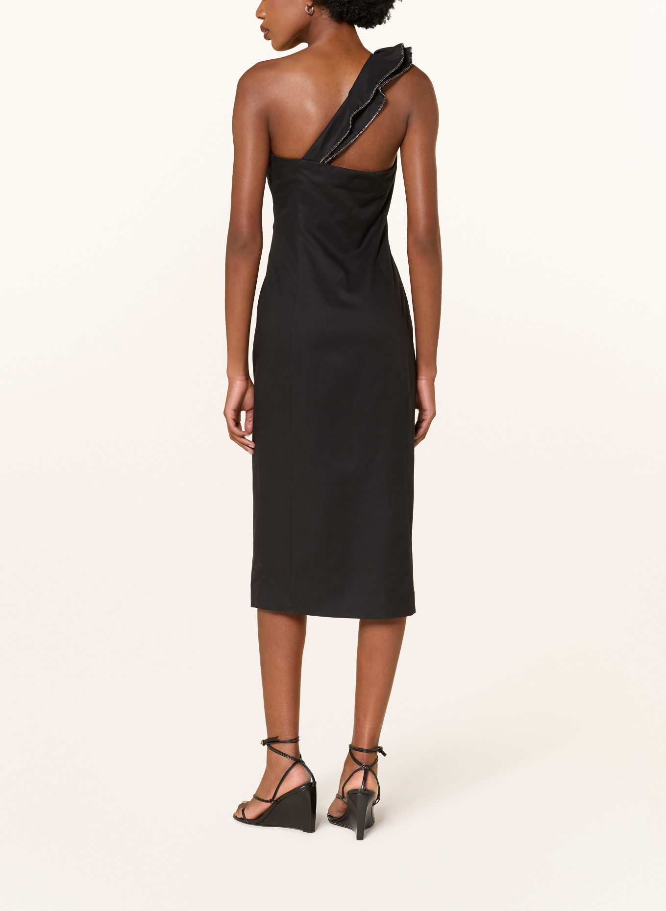 ba&sh One-Shoulder-Kleid SILLA mit Schmucksteinen und Volants: SCHWARZ