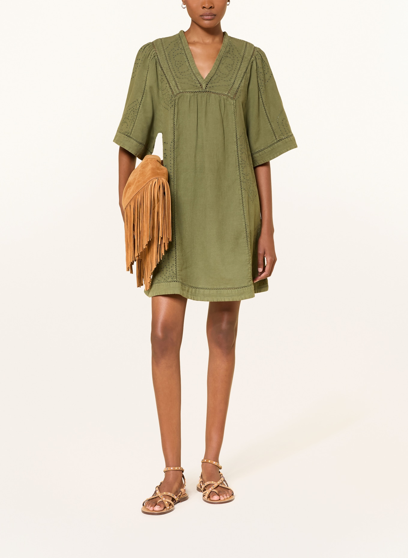 ba&sh Kleid GINA mit 3/4-Arm und Lochspitze: OLIV