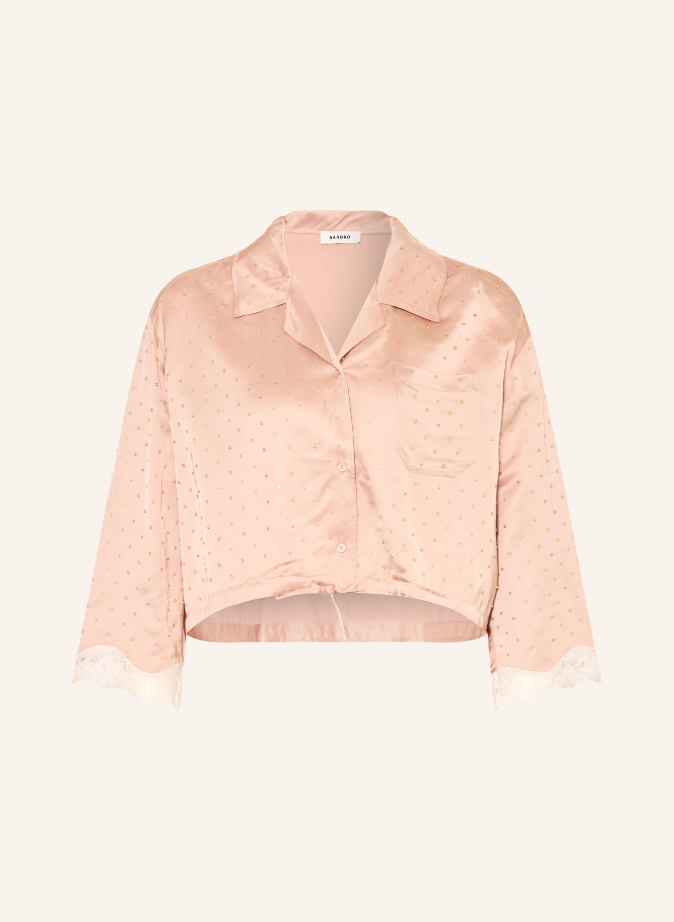 SANDRO Satinbluse mit Schmucksteinen und Spitze: LACHS / ECRU