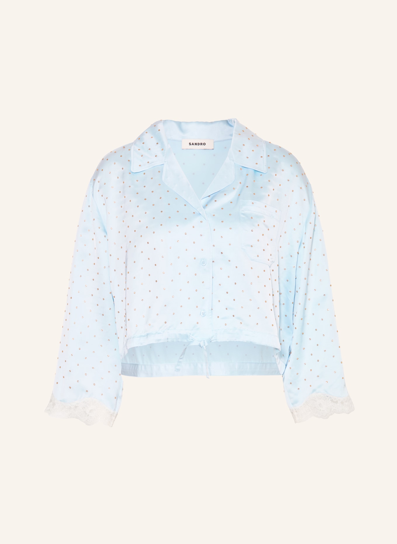 SANDRO Satinbluse mit Schmucksteinen und Spitze: HELLBLAU / ECRU