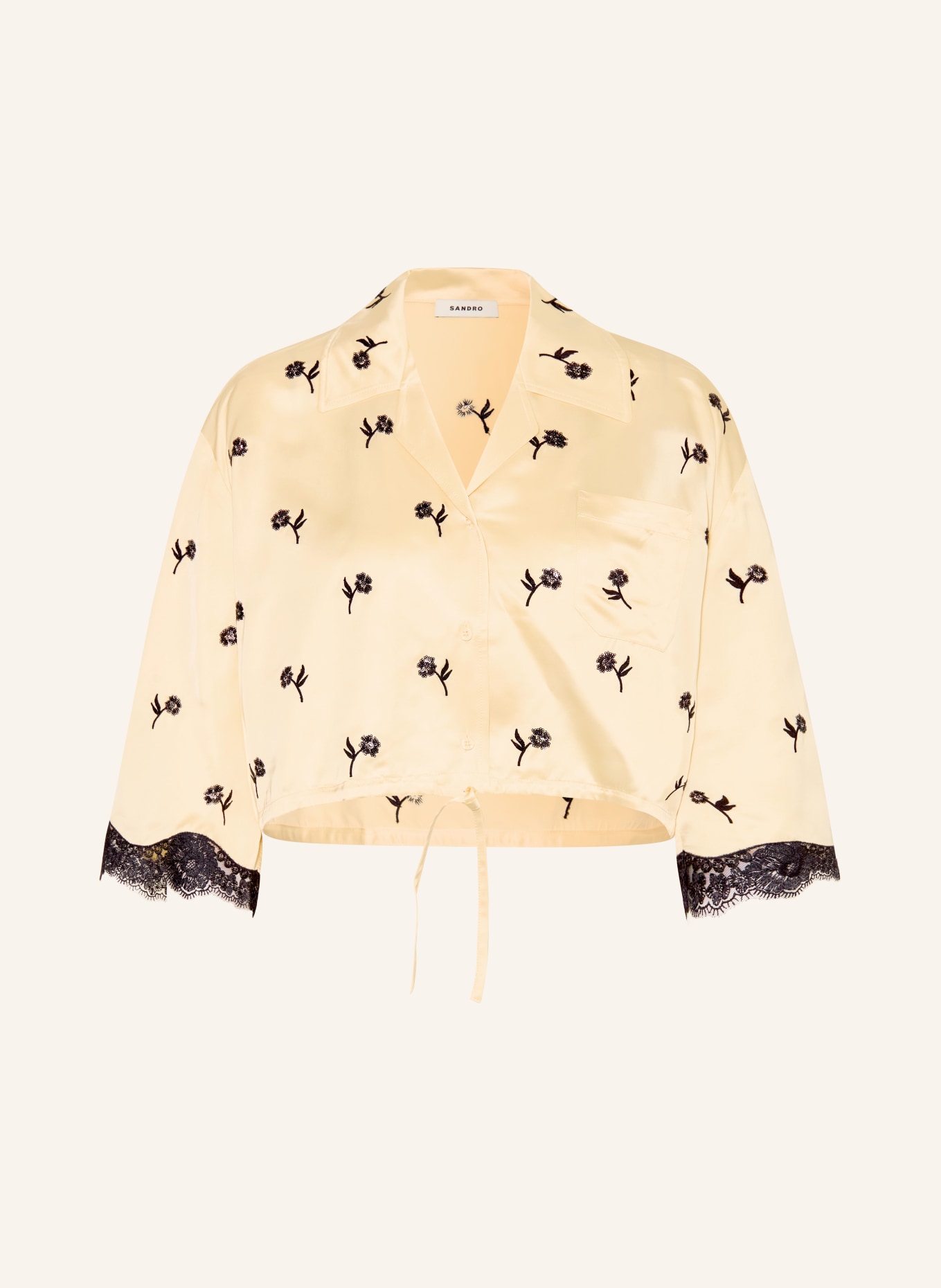 SANDRO Satinbluse mit Spitze und 3/4-Arm: HELLGELB / SCHWARZ