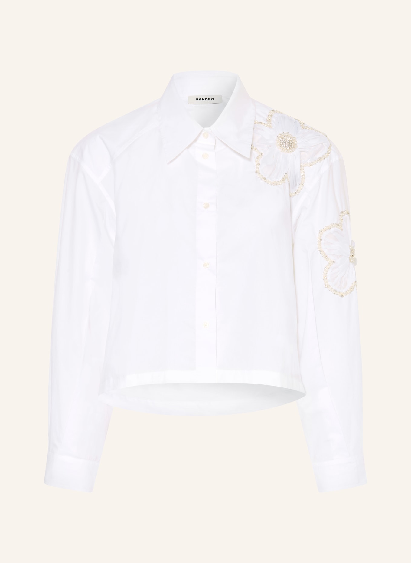 SANDRO Hemdbluse mit Schmucksteinen und Schmuckperlen: WEISS