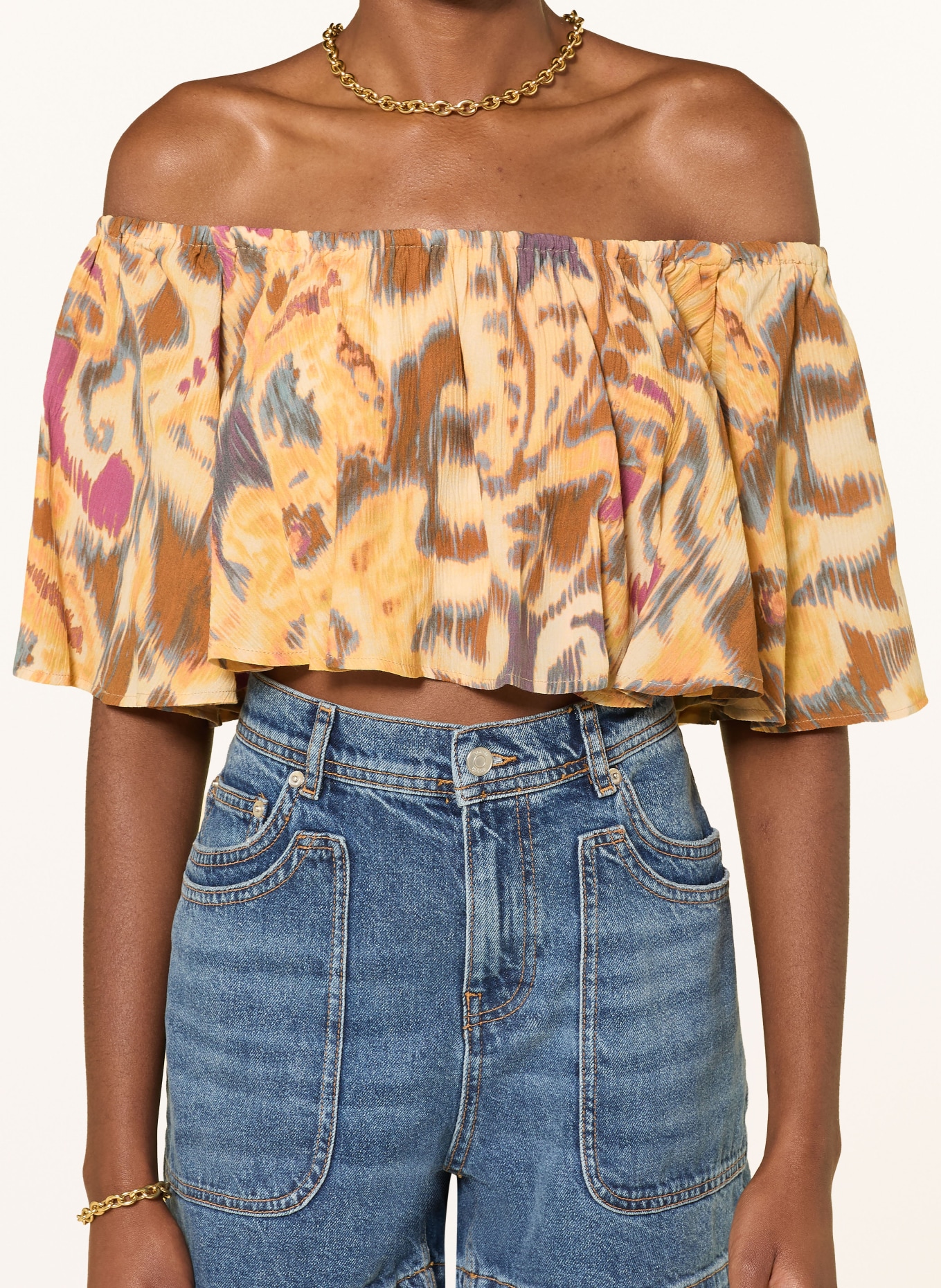 ba&sh Off-Shoulder-Top MANTHEA: DUNKELGELB / BRAUN / FUCHSIA