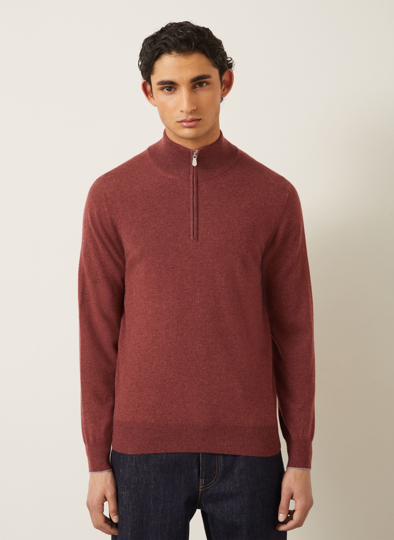 BRUNELLO CUCINELLI Cashmere half-zip sweater: DARK RED