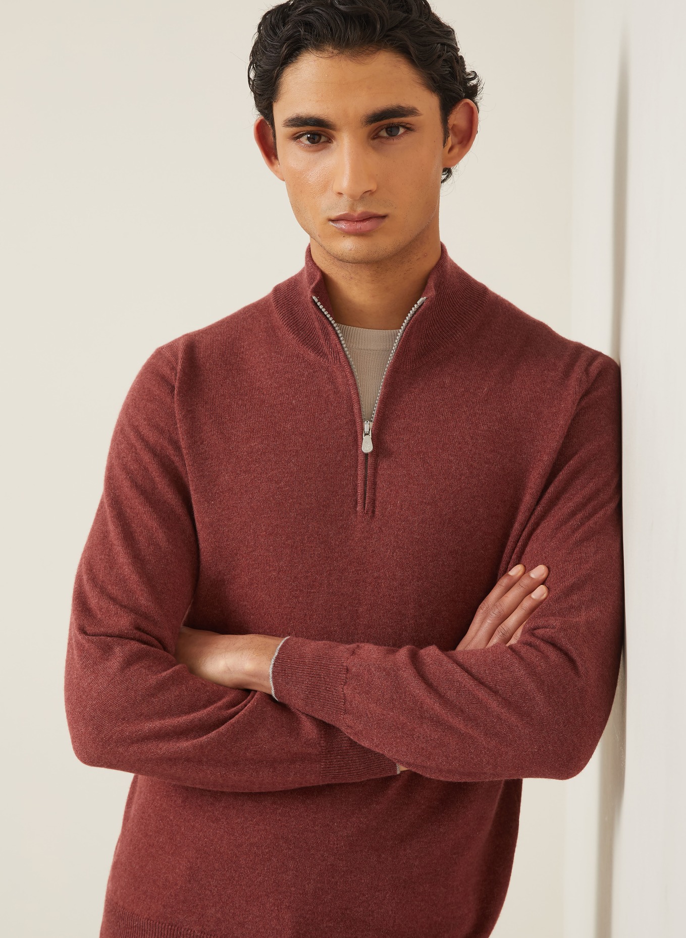 BRUNELLO CUCINELLI Cashmere half-zip sweater: DARK RED