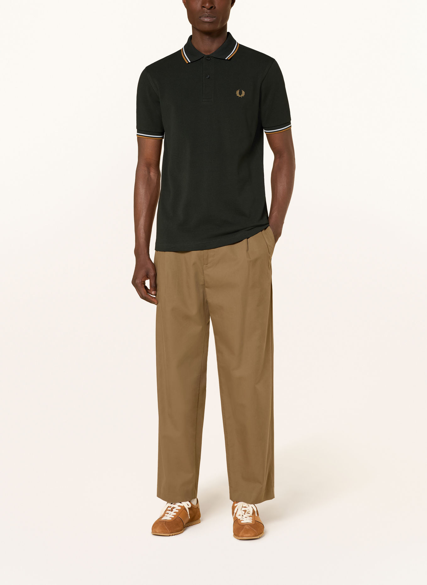 FRED PERRY Piqué-Poloshirt: DUNKELGRÜN / BEIGE / HELLGRAU