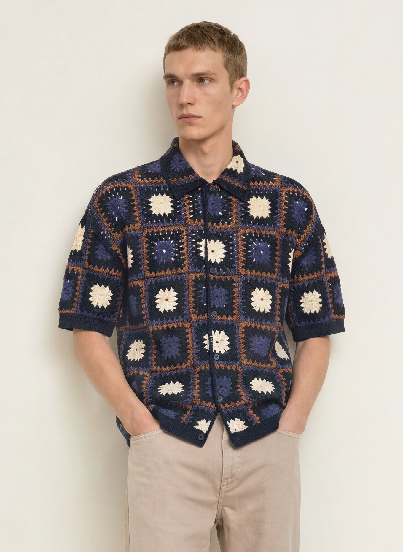 ALLSAINTS Gebreid overshirt MANDON: DONKERBLAUW / BRUIN / ECRU