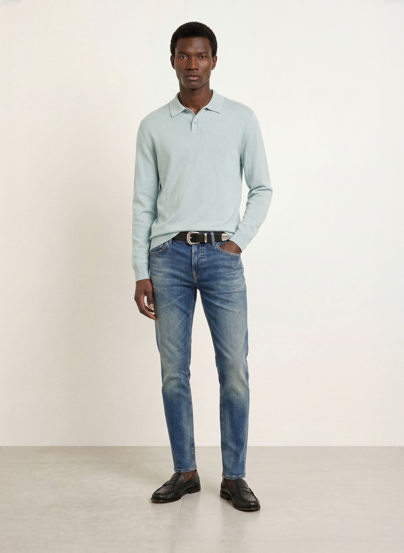 BOSS Gebreid poloshirt ASAC: BLAUWGRIJS
