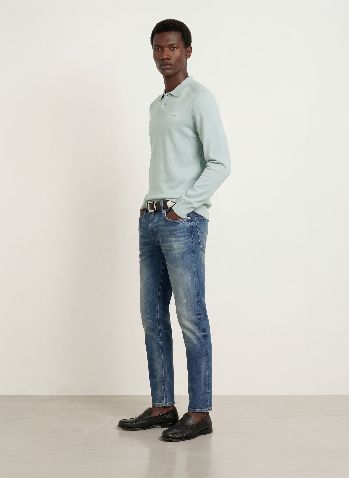 BOSS Gebreid poloshirt ASAC: BLAUWGRIJS